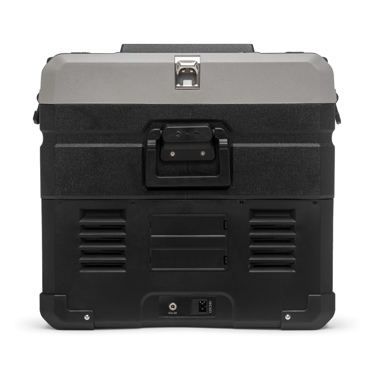 Schwarzer und grauer Kühlbox mit Griffen und Anschlüssen.
