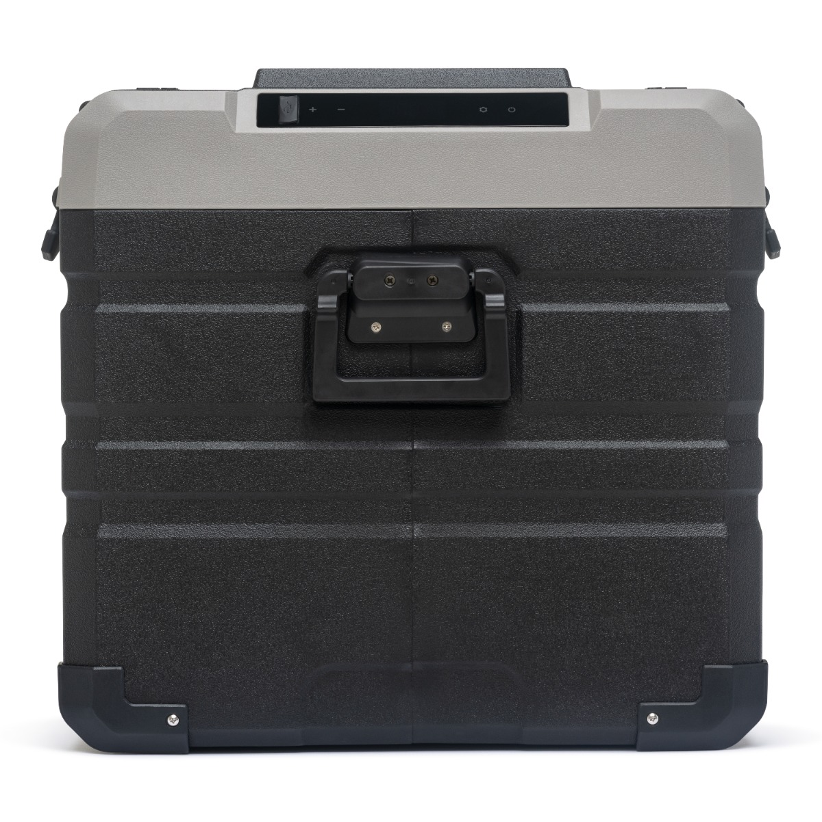 Schwarze und graue Kühlbox mit Griff und Bedienfeld oben.