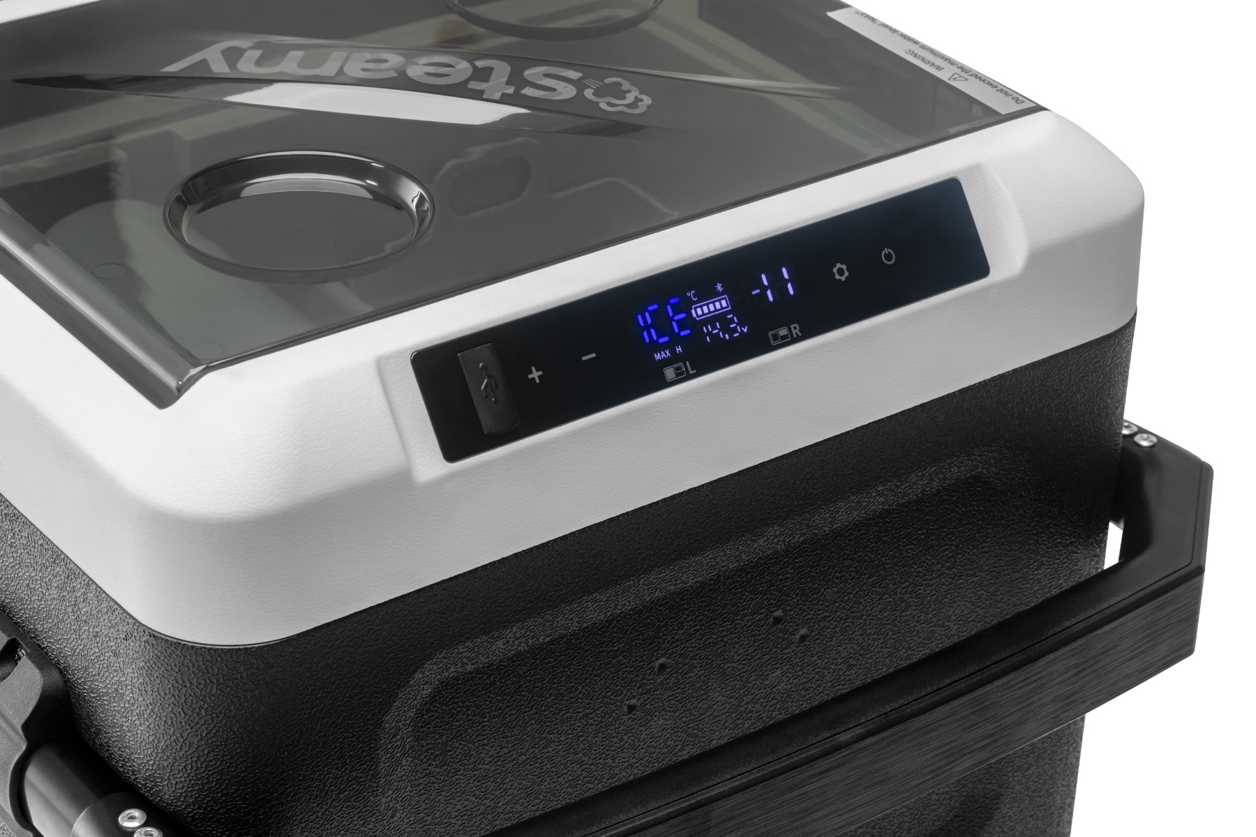Tragbarer Kühler mit Digitalanzeige: ICE, -11°C, 14,3V und Akkustand.