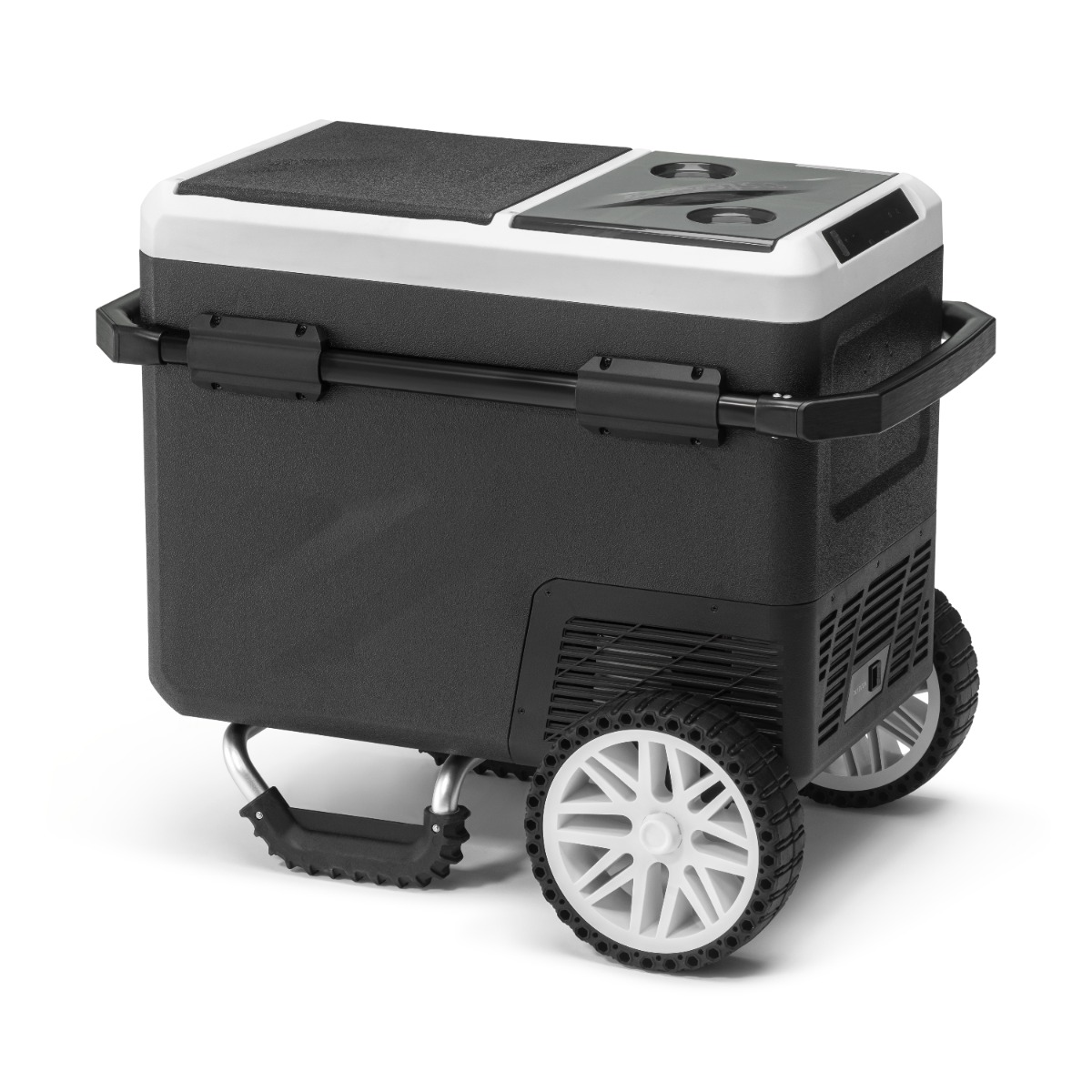 Ein schwarzer Kühlbox mit weißen Rädern und einem ausziehbaren Griff.