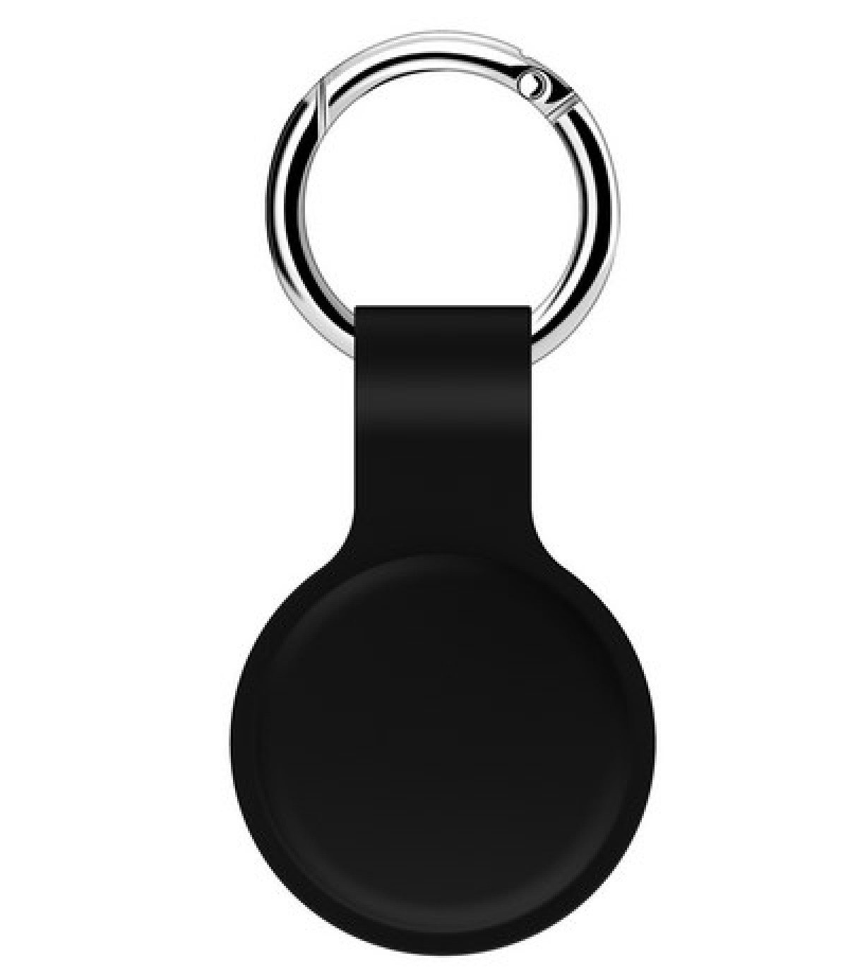 Schwarzer Schlüsselanhänger mit rundem Anhänger und silbernem Ring.