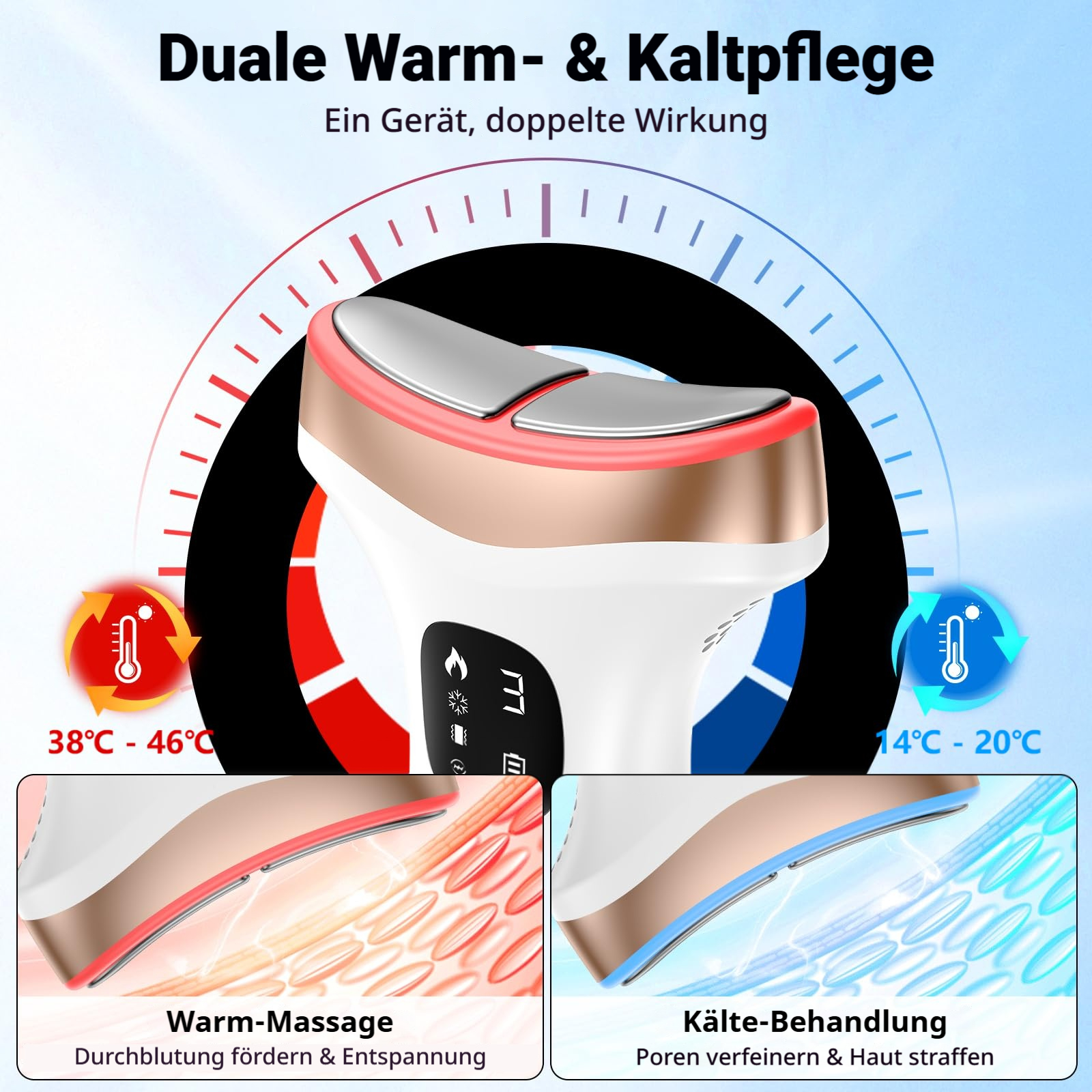 Ein Gerät für duale Wärme- & Kältepflege mit Temperaturanzeigen.