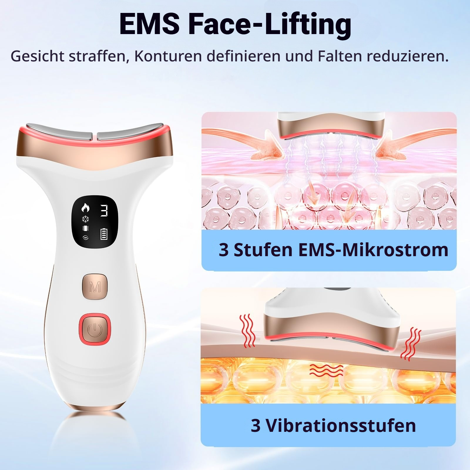 Ein weißes EMS-Gesichtsstraffungsgerät mit rosa Golddetails und einem Display.