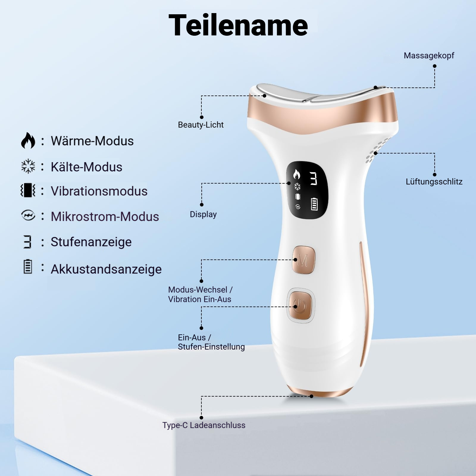 Ein weißes Beauty-Gerät mit Roségold-Akzenten, Display und Knöpfen.