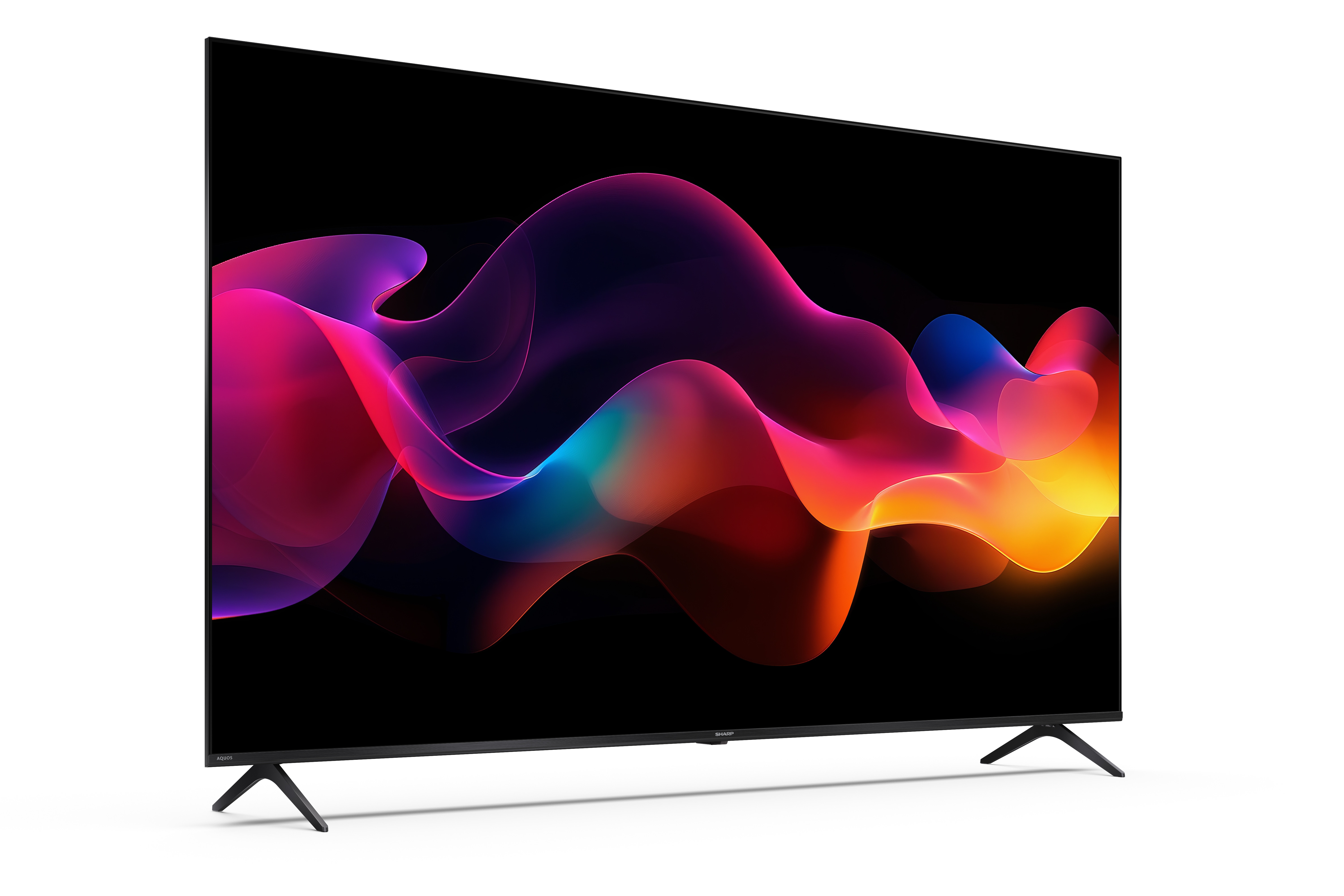 Ein moderner Fernseher mit einem abstrakten, bunten Wellenmuster auf dem Bildschirm.