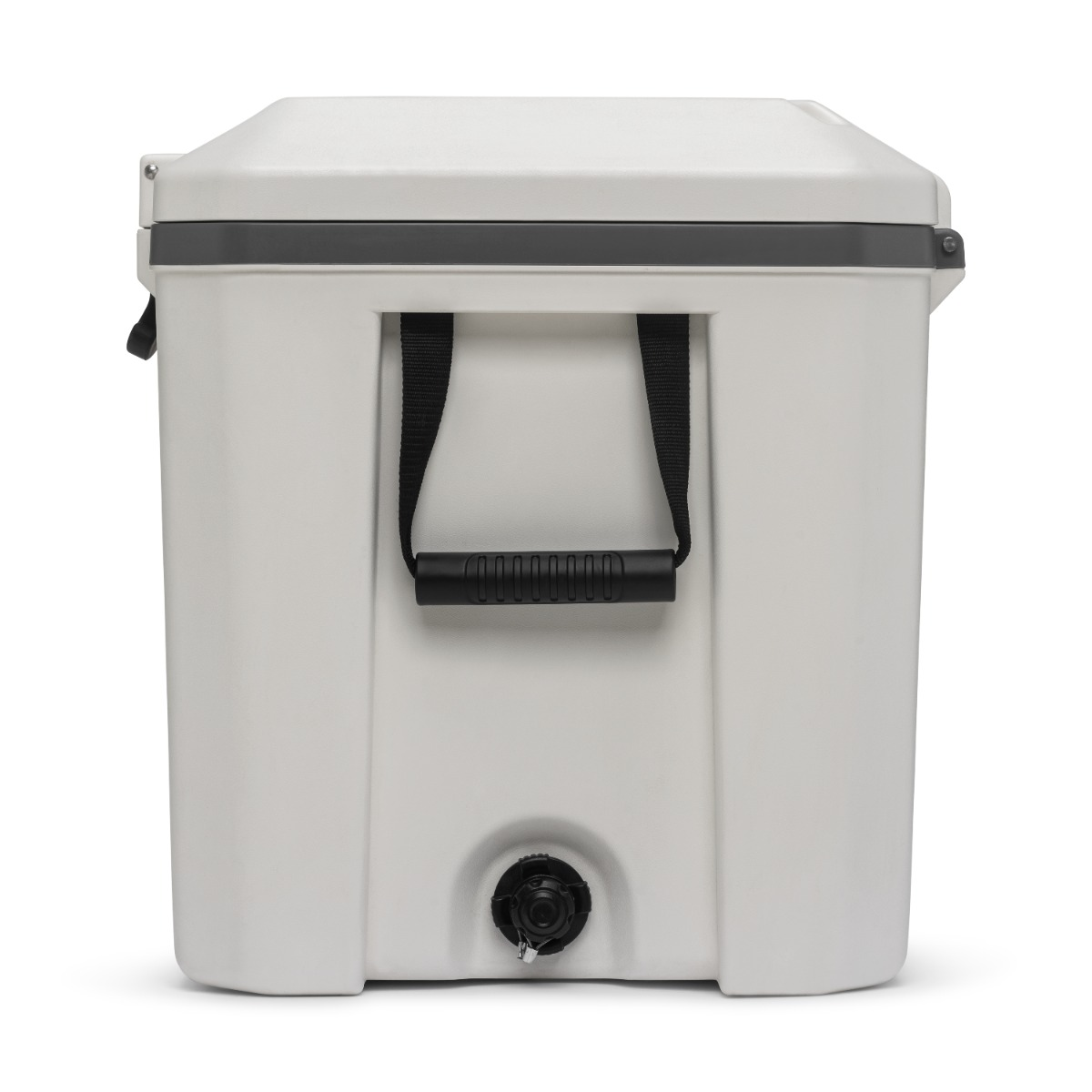 Ein weißer Kühlbox mit schwarzem Griff und Hänkeln.