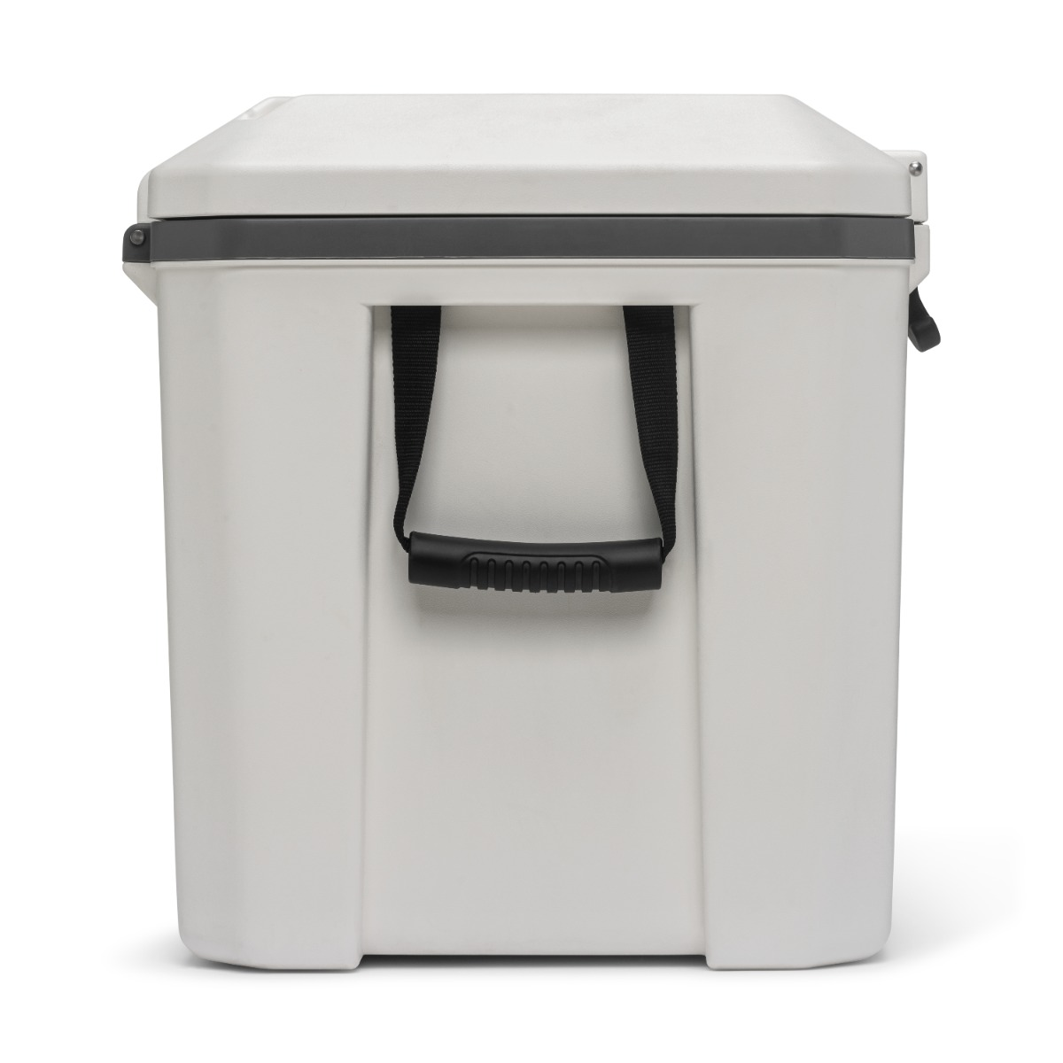 Ein weißer Kühlbox mit schwarzem Griff und Riemen, auf weißem Hintergrund.