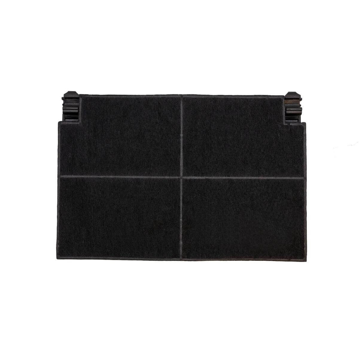 Ein schwarzer Aktivkohlefilter mit zwei Clips an jeder Seite, auf weißem Hintergrund.