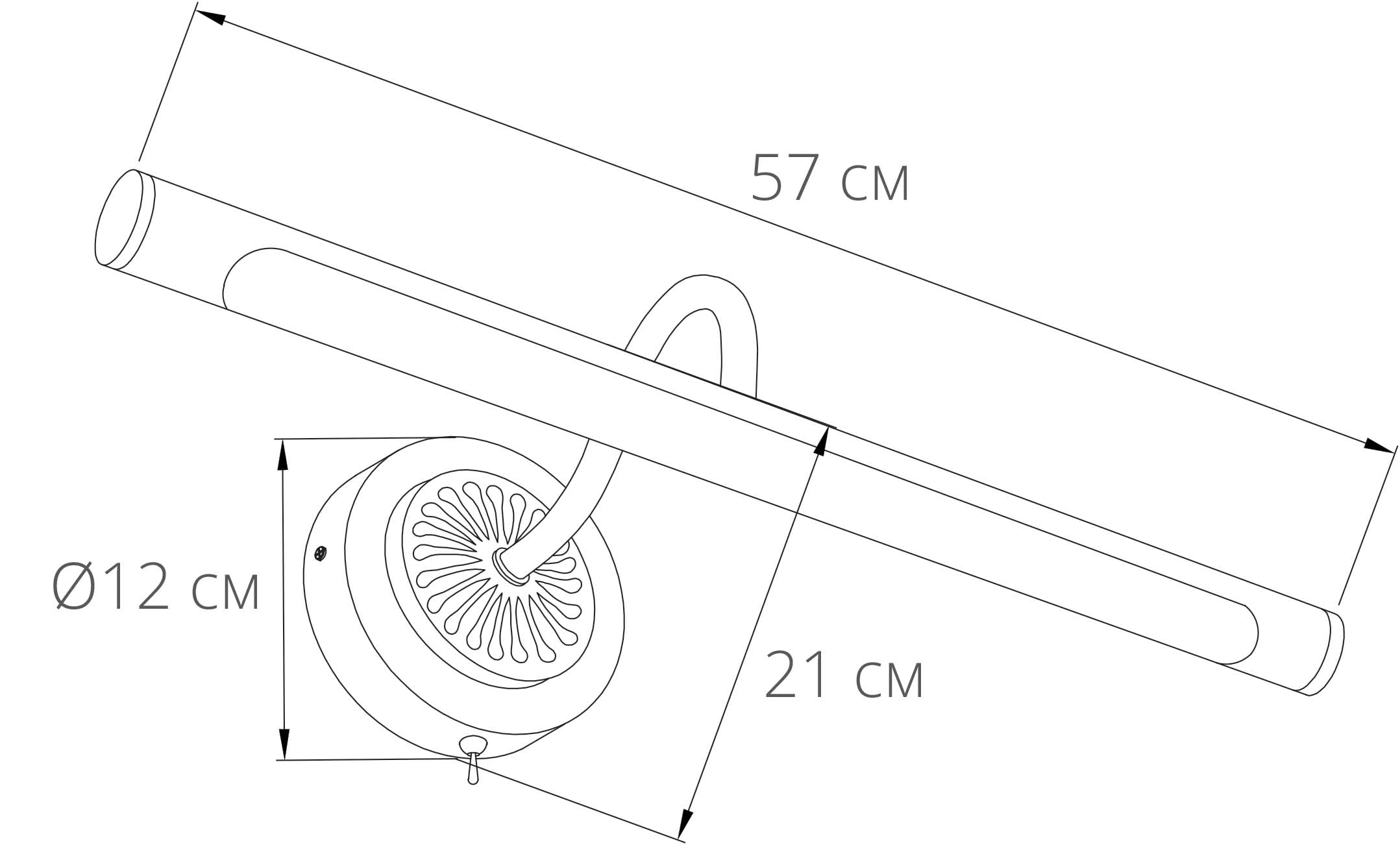Technische Zeichnung einer Lampe mit Maßen 57 cm, 21 cm und 12 cm.