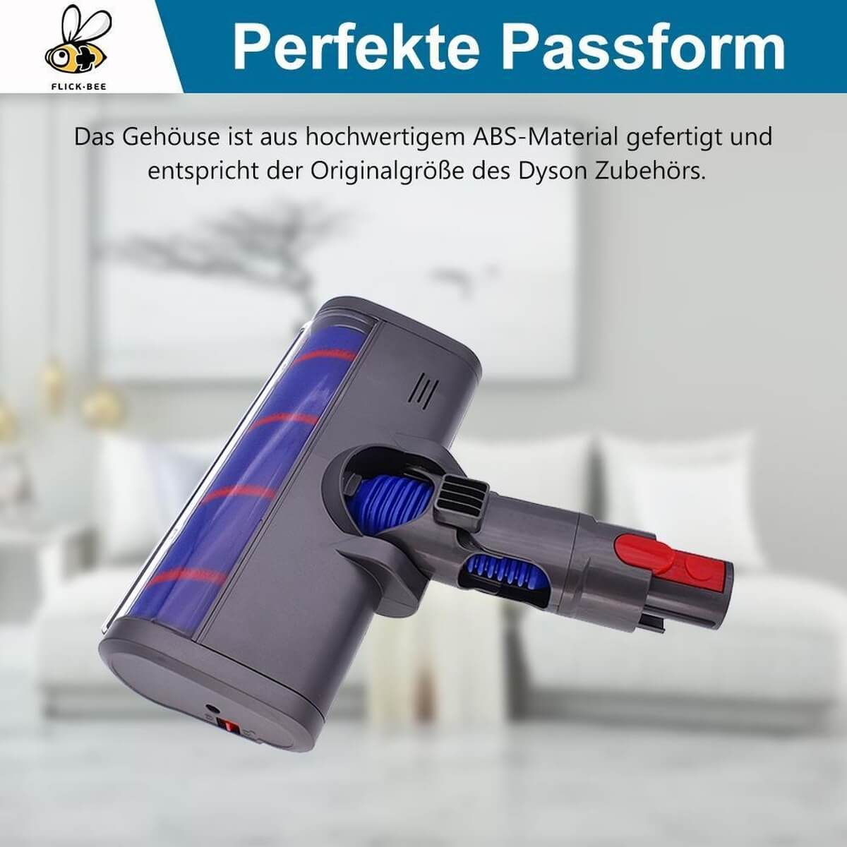 Grauer Staubsaugerkopf mit blauer Bürste und roten Streifen.