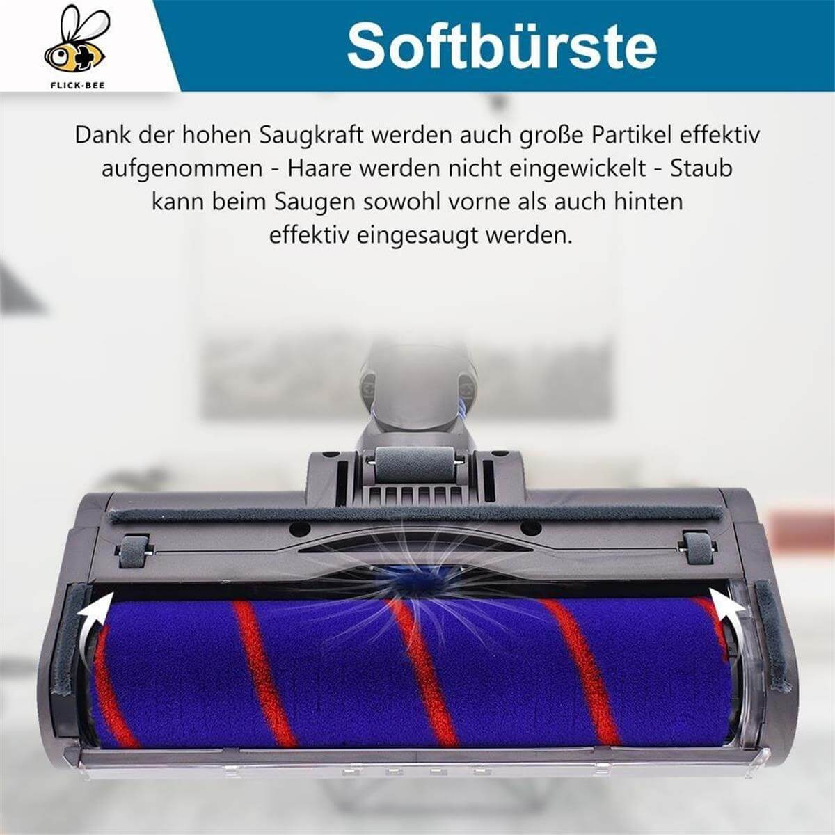 Ein Saugkopf mit einer blauen und roten Bürste, der Staub aufnimmt.