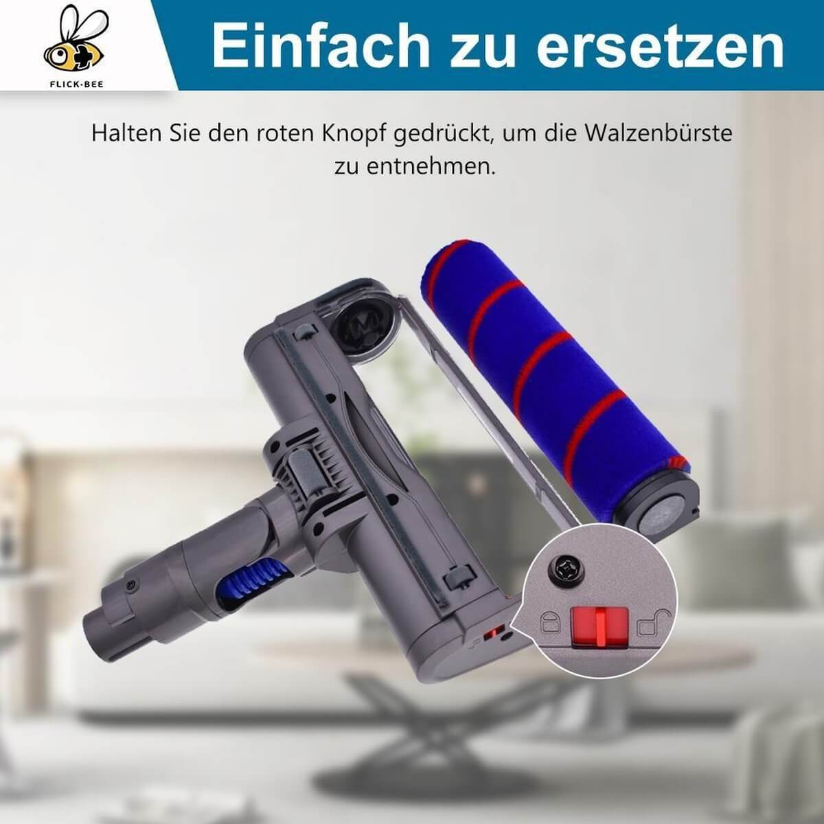 Staubsaugeraufsatz mit blau-roter Bürste und rotem Knopf.