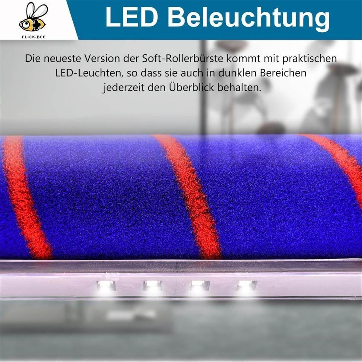 Eine blaue Bürstenrolle mit roten Streifen hat LED-Lichter unten.