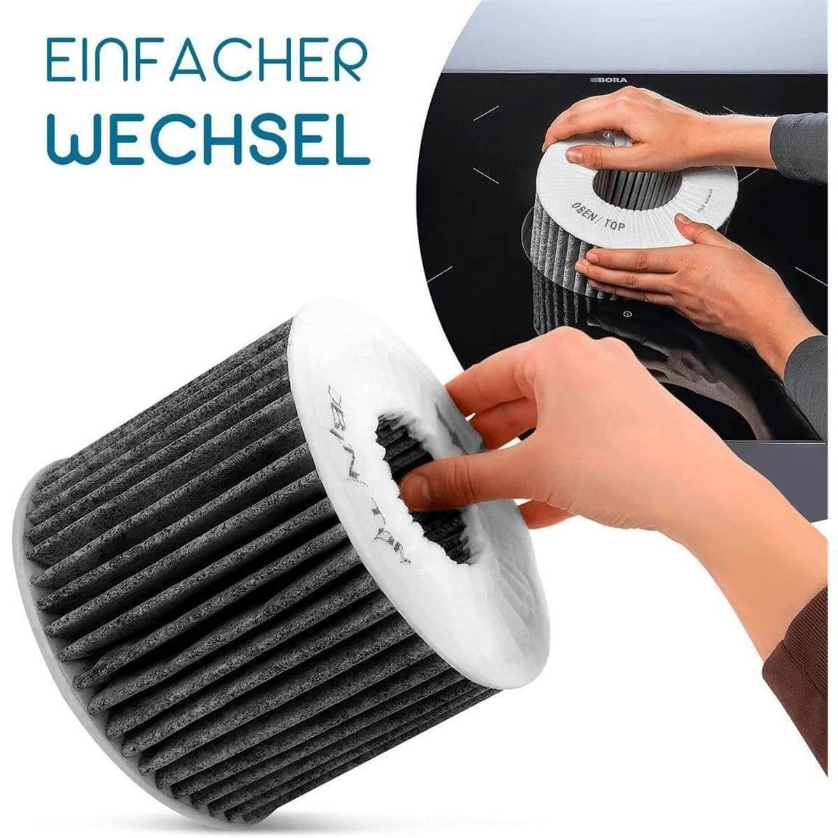 Zwei Hände wechseln einen schwarzen Filter. Text: EINFACHER WECHSEL.