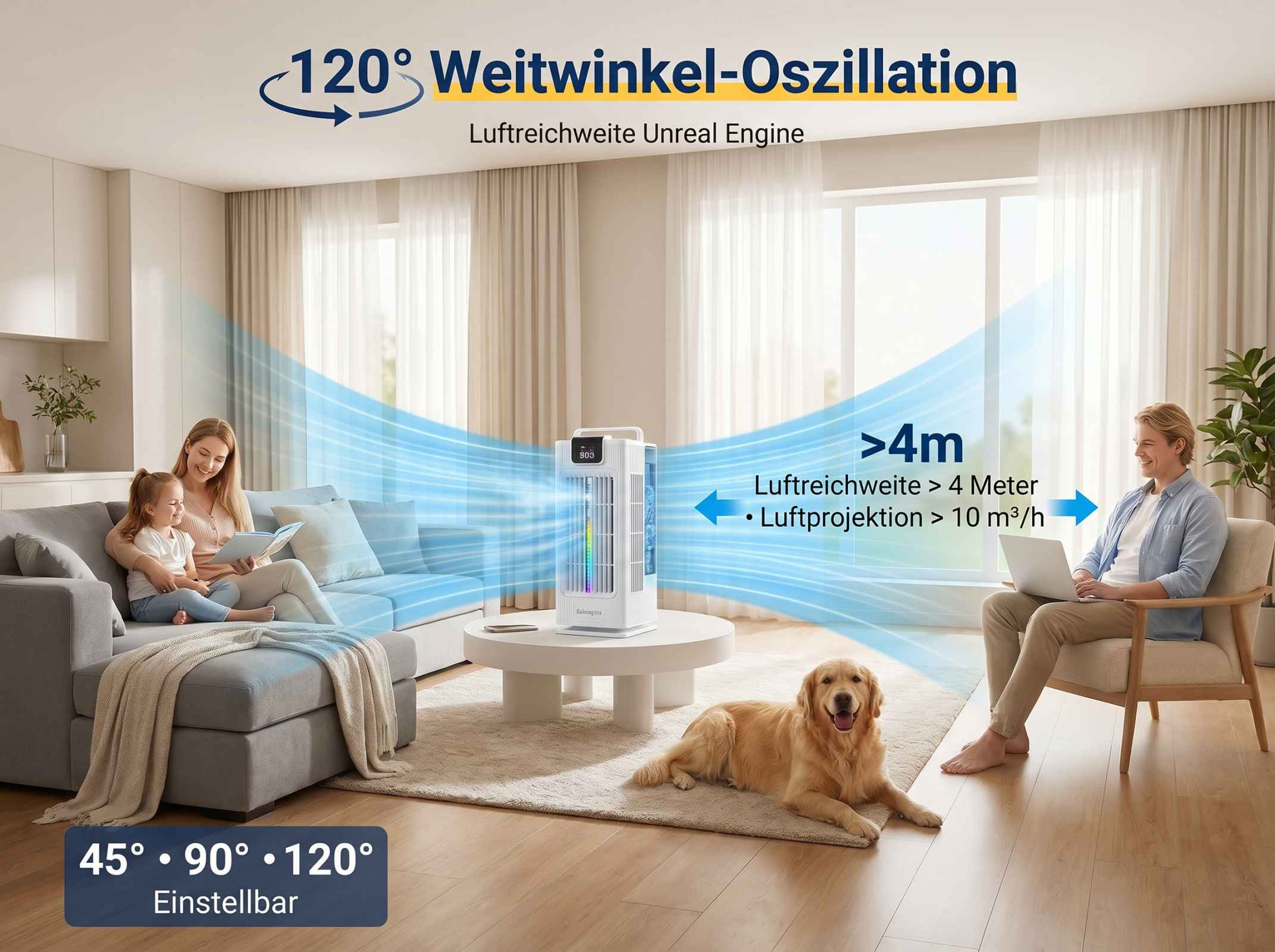 Familie mit Hund in einem modernen Wohnzimmer, Luftreiniger in Aktion.