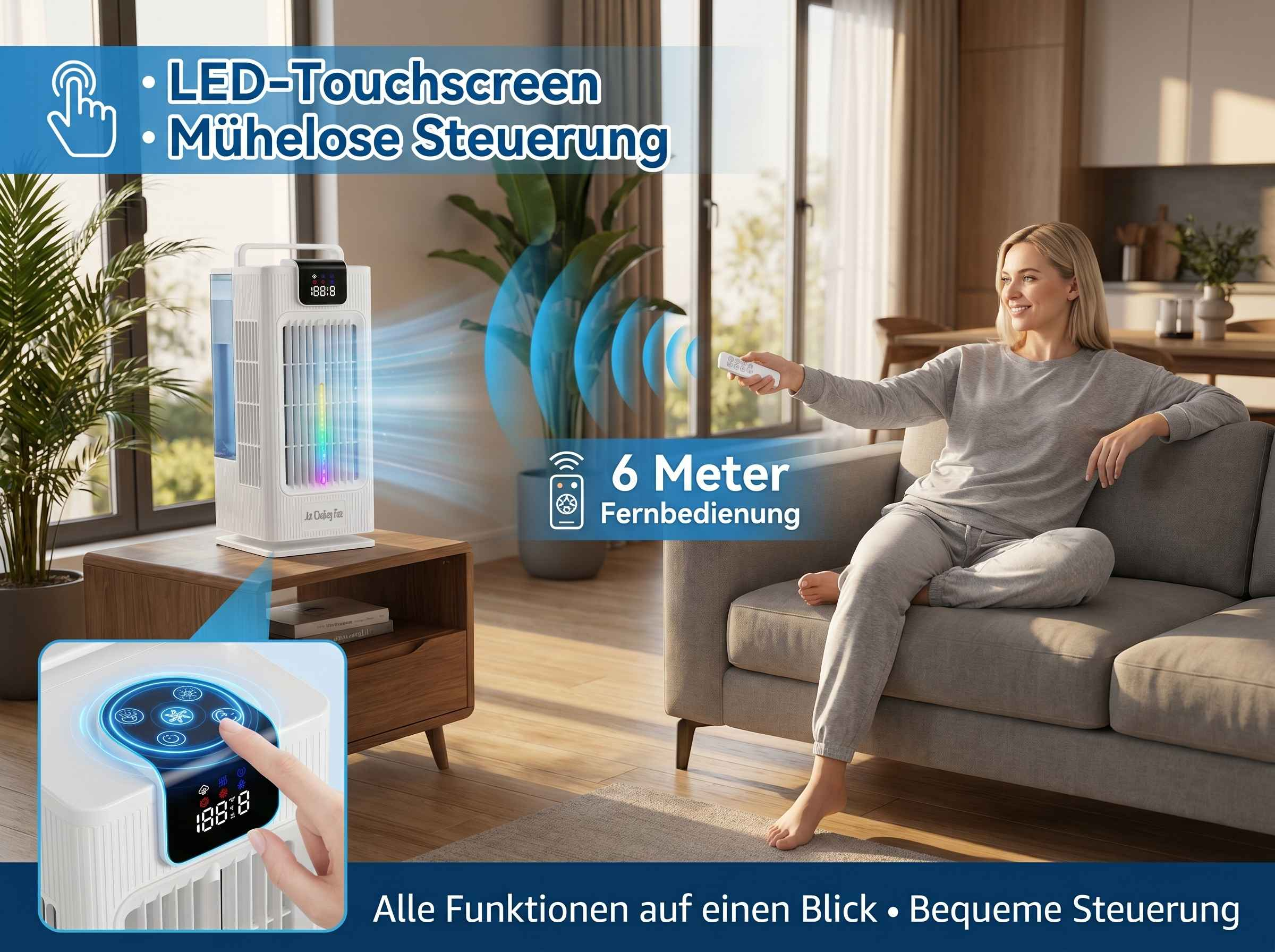 Eine Frau sitzt auf einem Sofa und benutzt eine Fernbedienung für einen Luftkühler mit LED-Touchscreen.