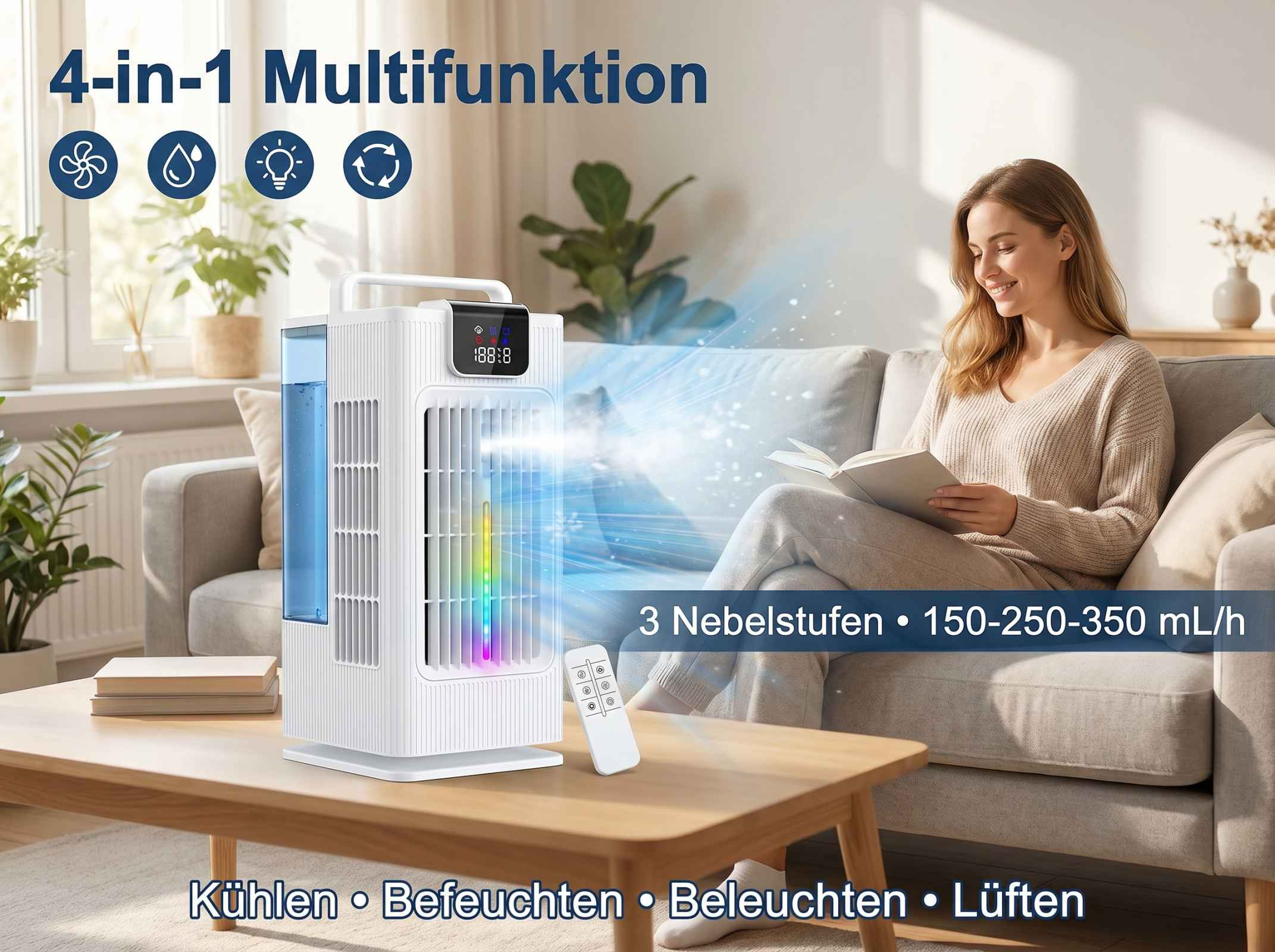 Ein weißer 4-in-1 Luftkühler mit Fernbedienung steht auf einem Tisch.