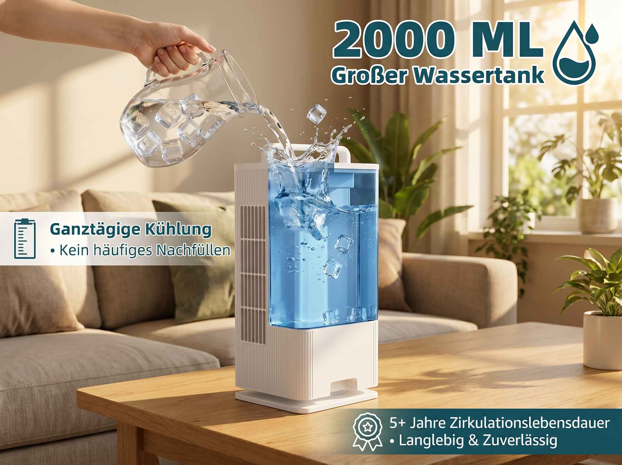 Ein Krug mit Eiswasser wird in einen weißen Luftbefeuchter gefüllt.