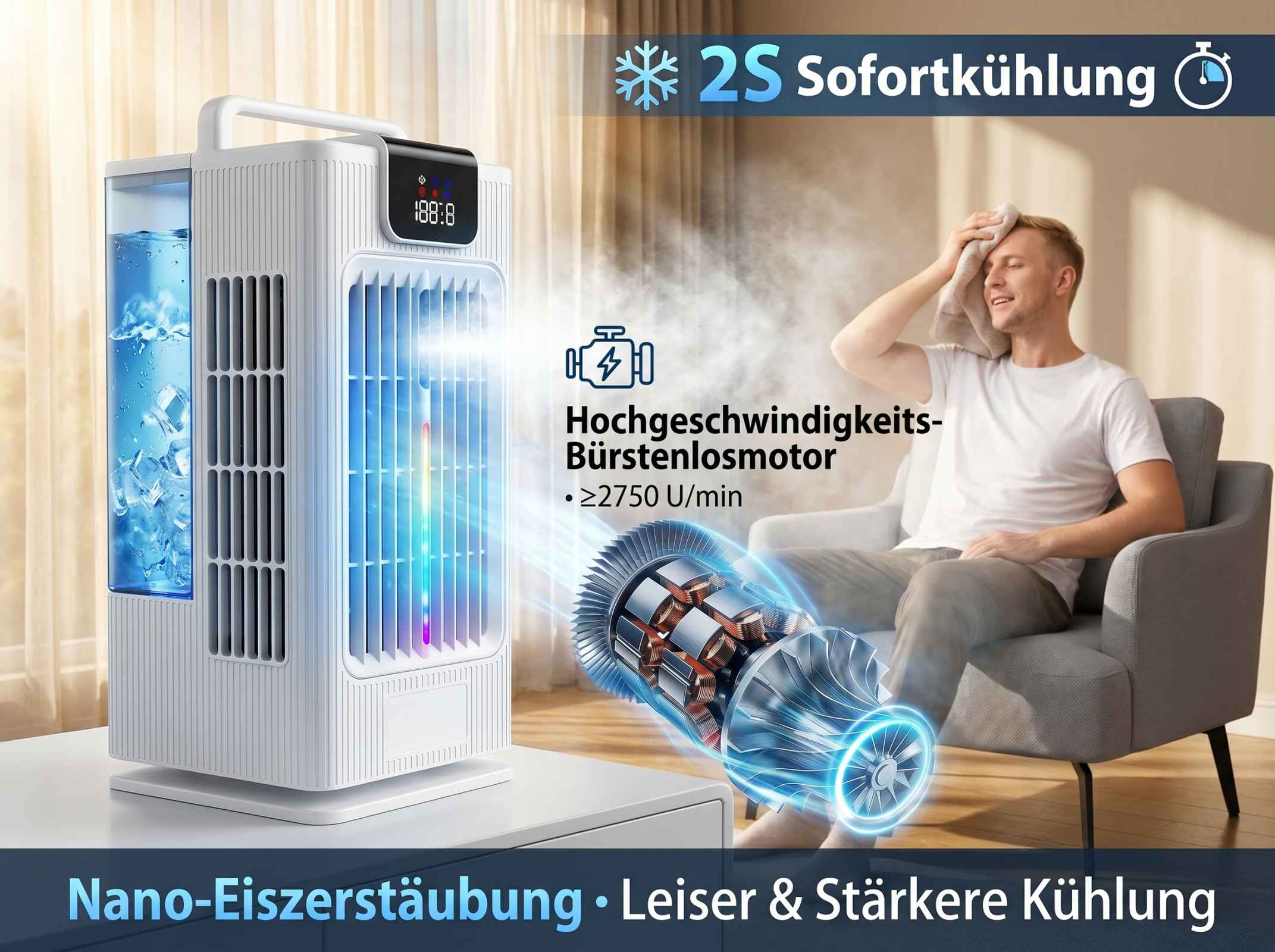 Ein Mann sitzt in einem Sessel, schwitzt, während ein weißer Lüfter mit Eis gefüllt ist.