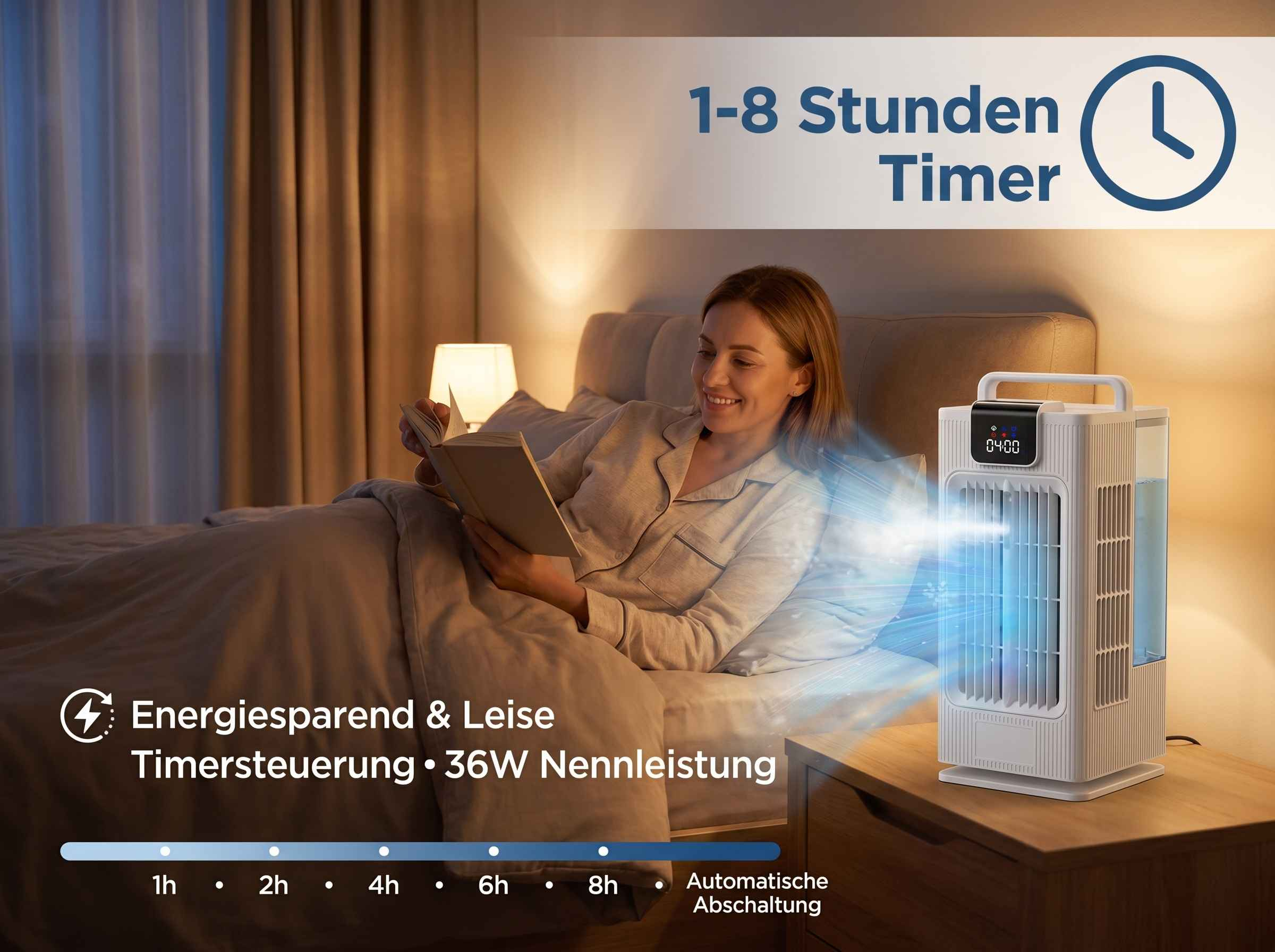 Frau liest Buch im Bett, ein Luftkühler mit Timer steht auf Nachttisch.