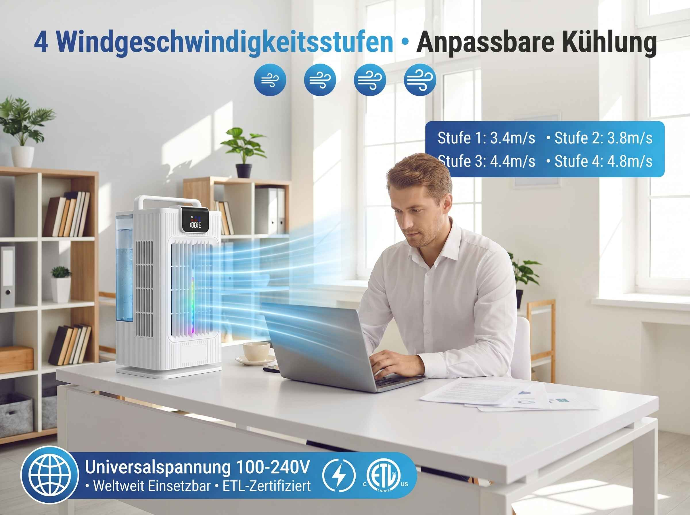 Ein Mann am Schreibtisch mit einem Laptop und einem weißen Lüfter, der kühle Luft ausstößt.