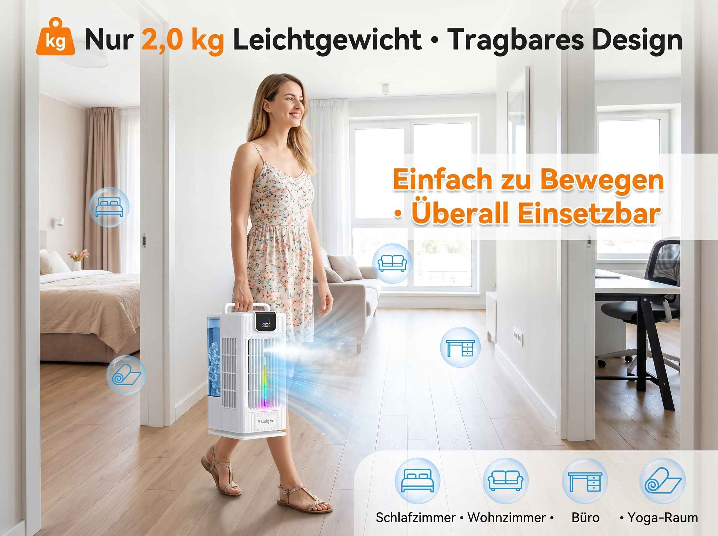 Eine Frau trägt einen leichten Klimaanlagenventilator durch einen Flur mit Schlafzimmer und Büro.