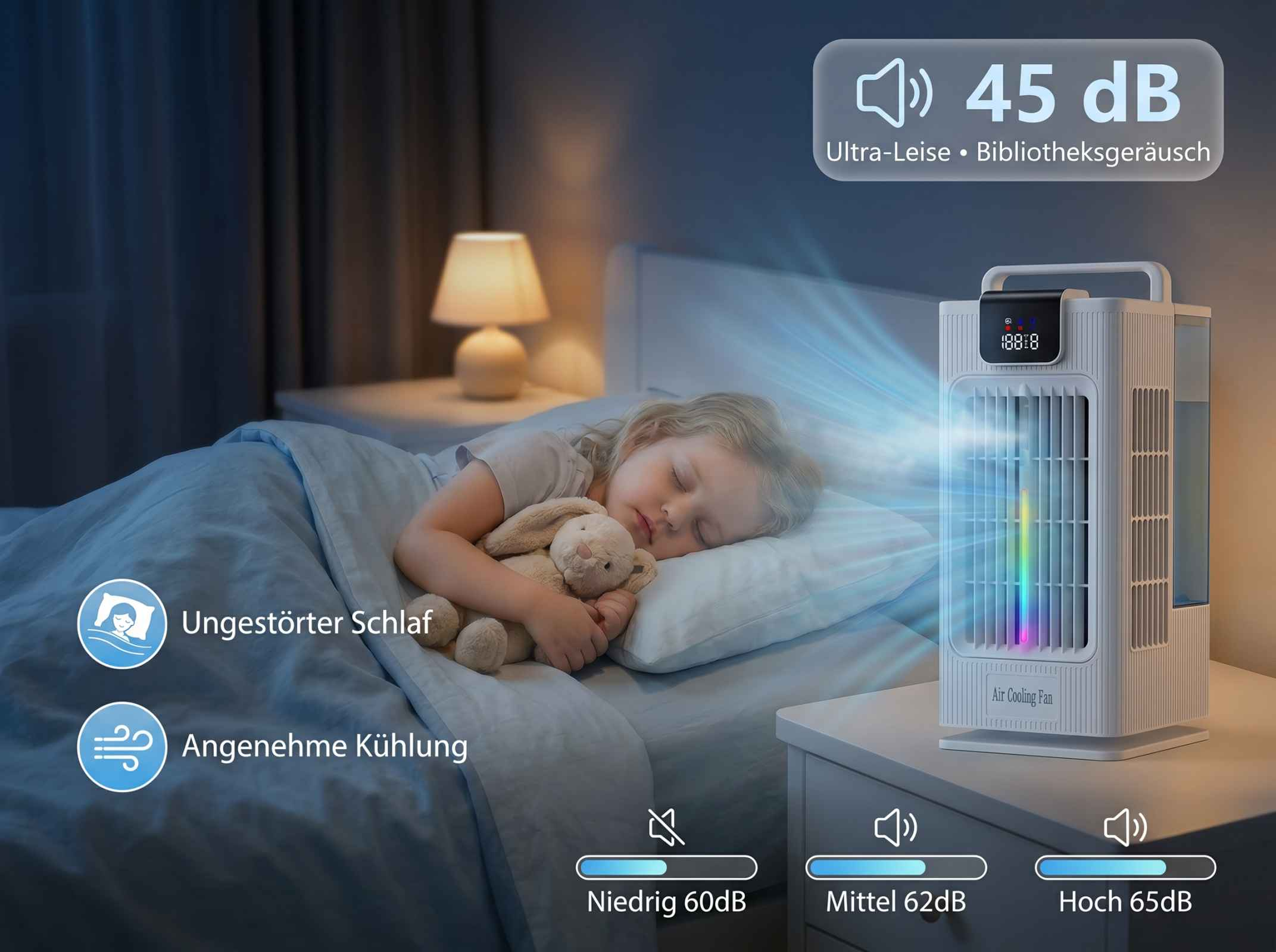 Ein Mädchen schläft mit einem Hasen, ein Ventilator kühlt.