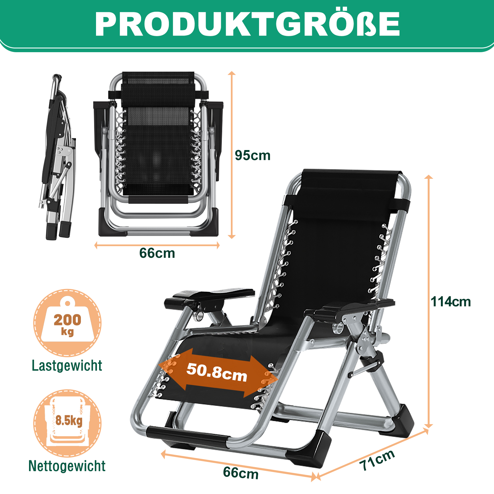 Schwarzer Liegestuhl mit Metallrahmen, Maße sind angegeben.