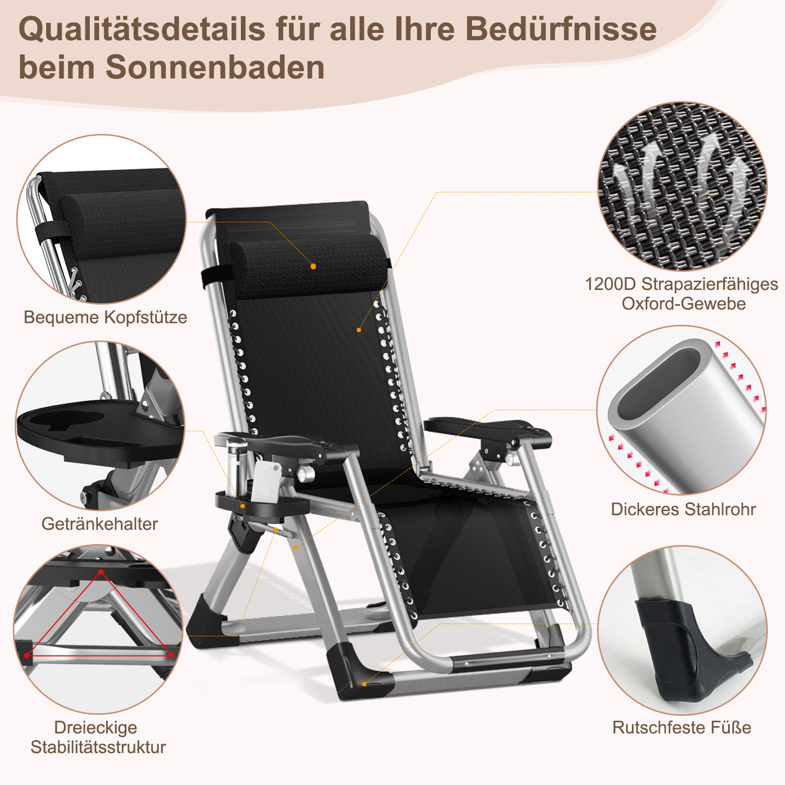 Ein schwarzer Liegestuhl mit silbernem Rahmen, der seine Details zeigt.