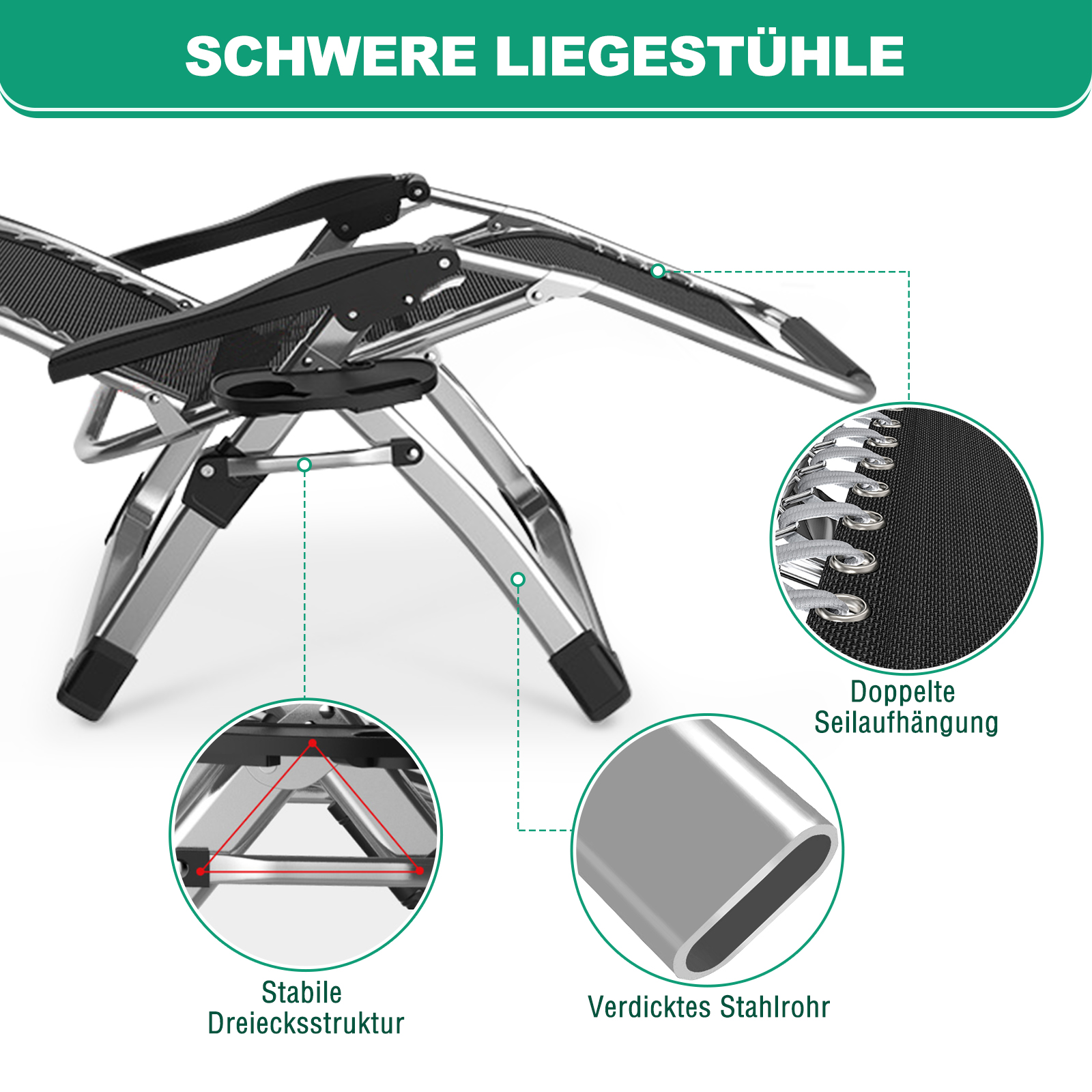Ein schwarzer Zero-Gravity-Stuhl mit Chromrahmen, Detailaufnahmen der Struktur.
