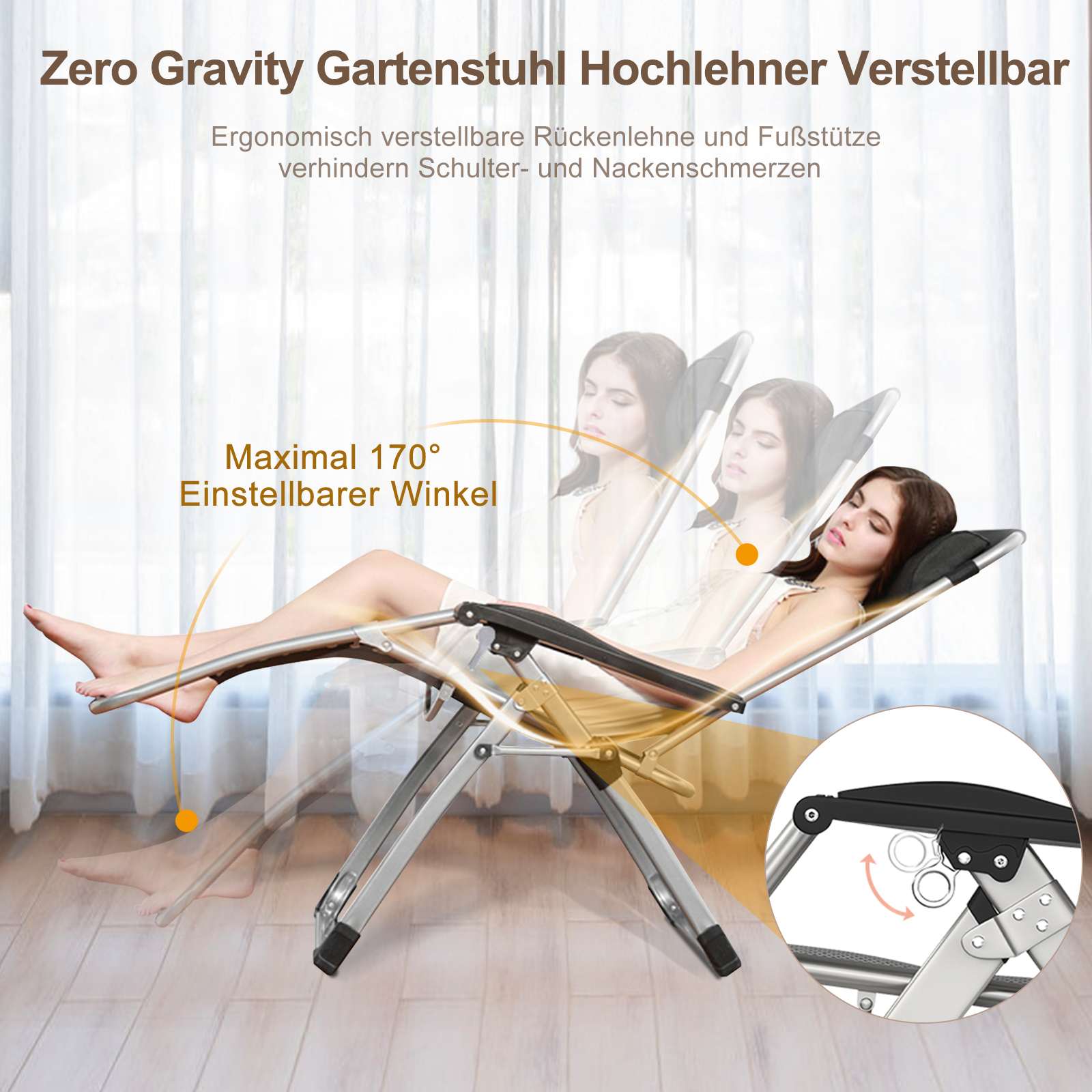 Ein verstellbarer Zero-Gravity-Stuhl mit Frau in beige Stoffliege, maximal 170 Grad.