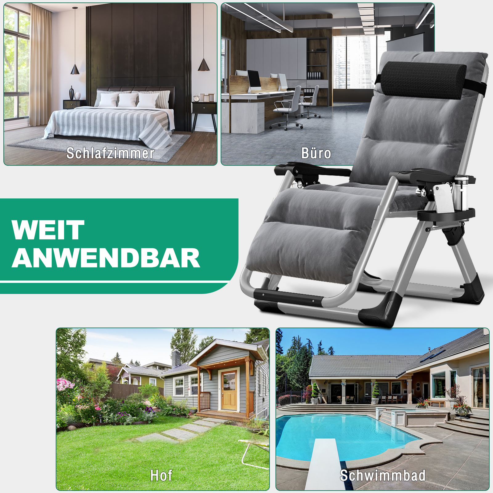 Vier Bilder: Schlafzimmer, Büro, Liegestuhl und Hof mit Pool.