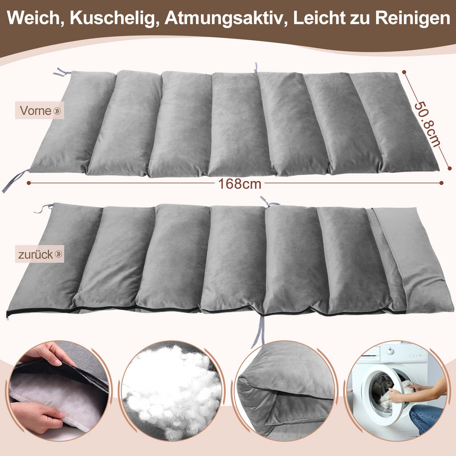 Graues, gepolstertes Kissen, 168x50.8cm, mit Details zur Reinigung.
