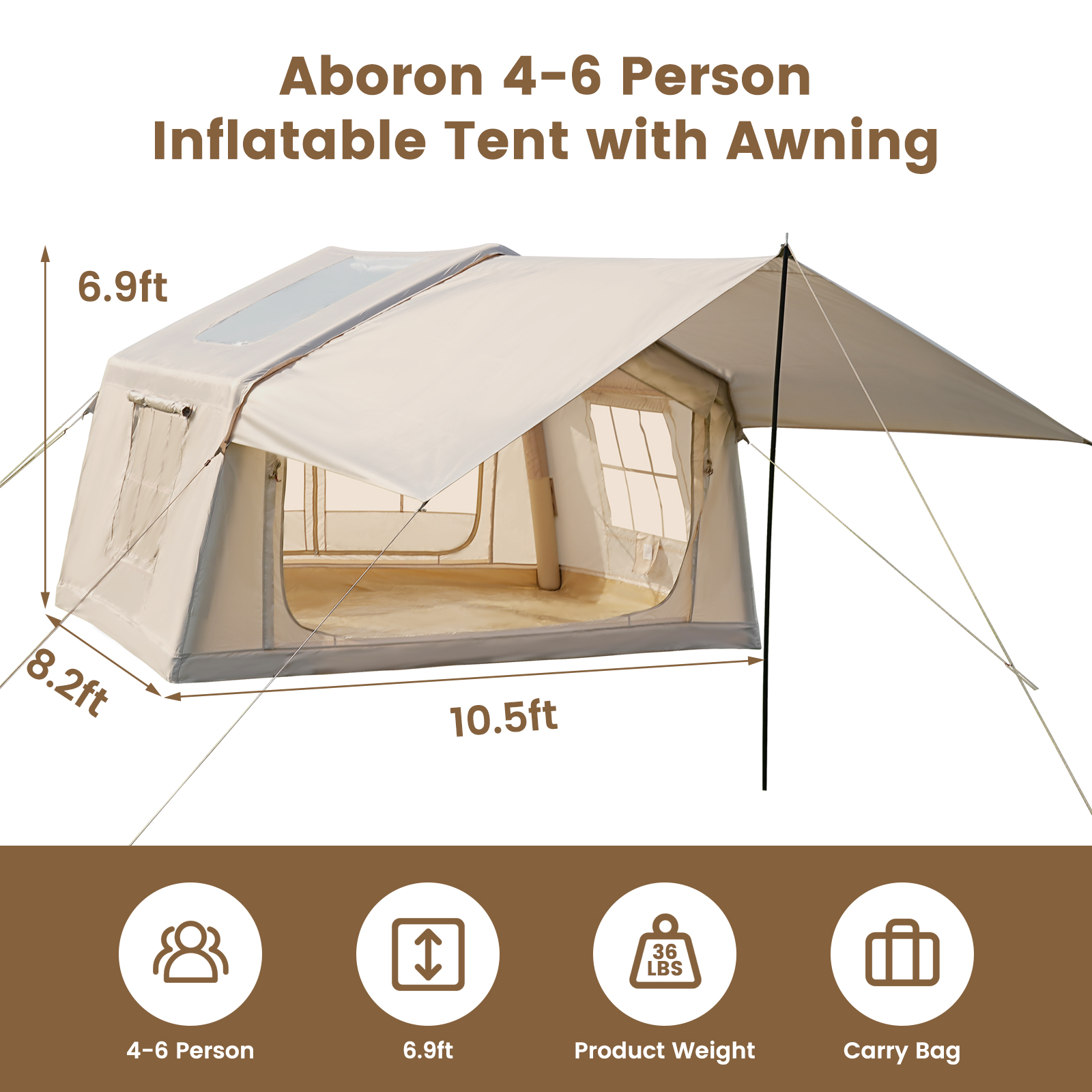 Ein beigefarbenes aufblasbares Zelt für 4-6 Personen mit Vordach. Maße: 10,5 x 8,2 x 6,9 Fuß.