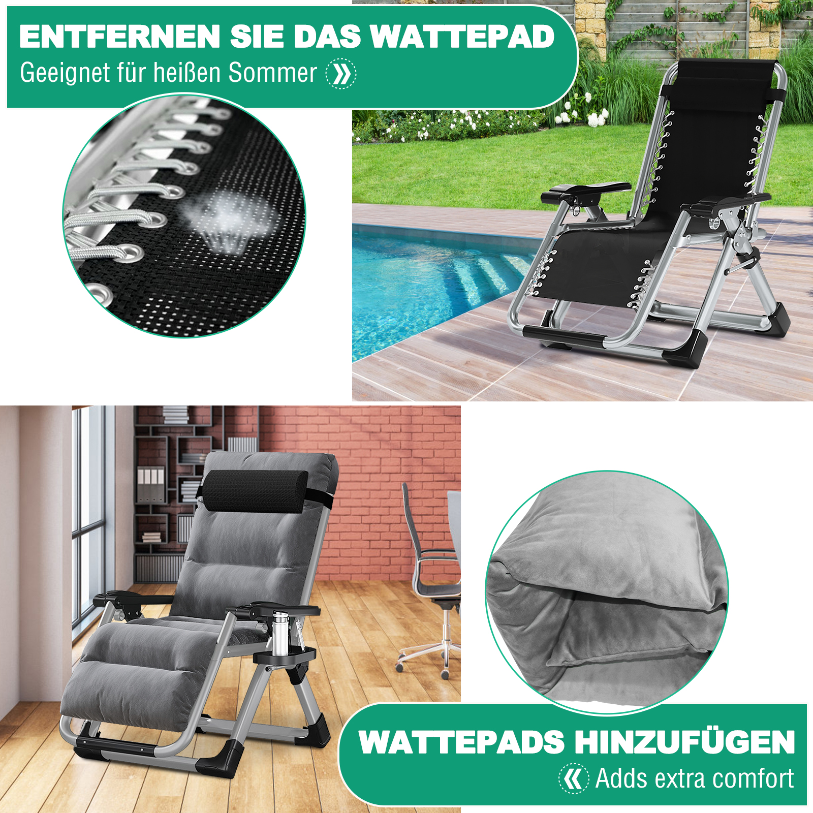 Ein zerlegbarer Liegestuhl neben einem Pool, mit Detailaufnahmen des Stoffes und eines Kissens.