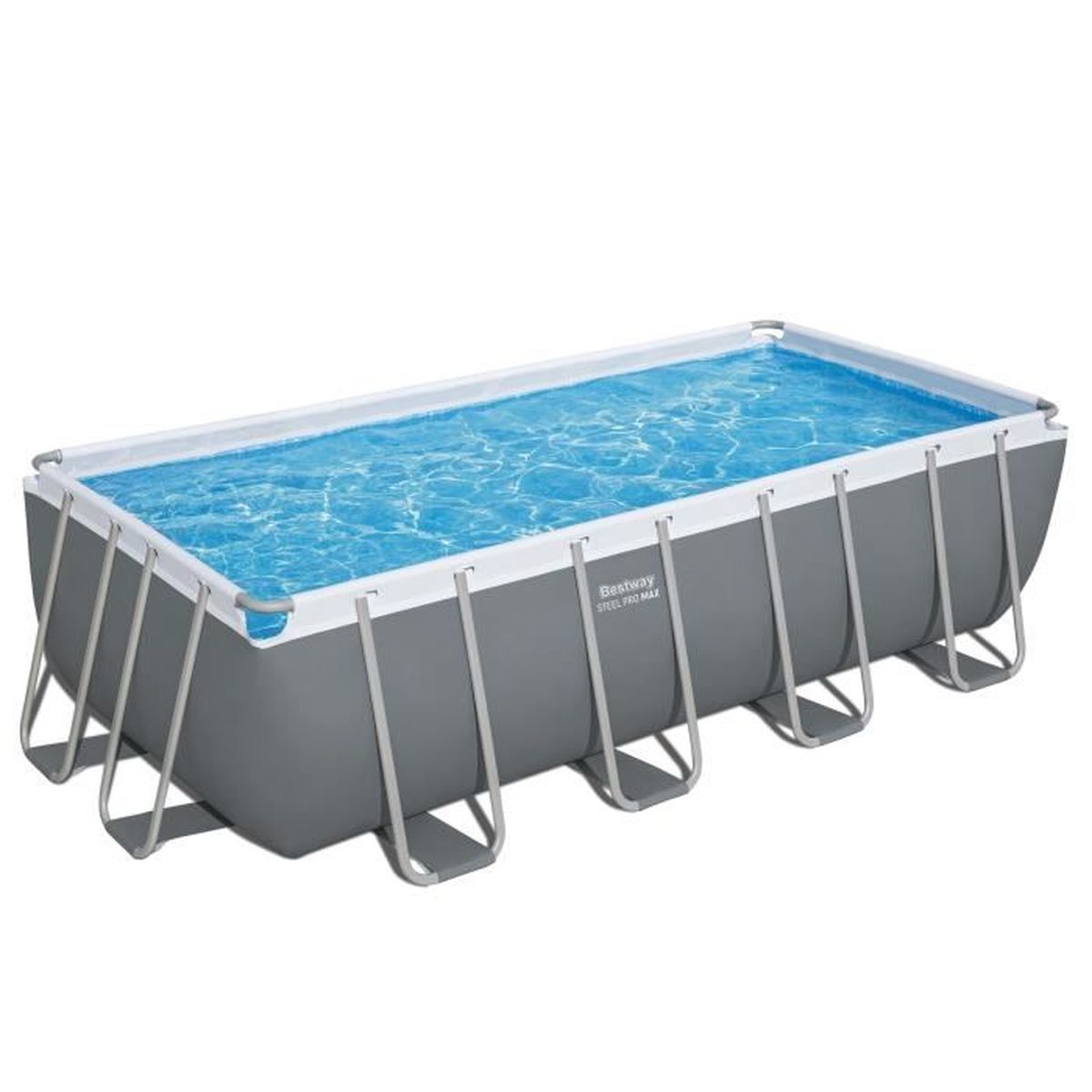 Ein rechteckiger Pool mit grauem Rahmen und blauen Wasser auf weißem Hintergrund.
