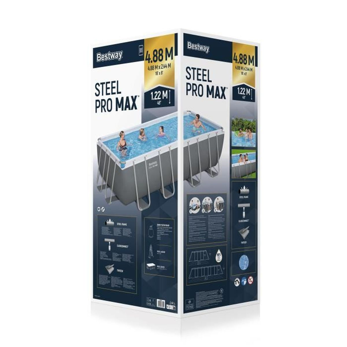Bestway Steel Pro MAX Pool Verpackung mit Bildern von Personen im Pool und Diagrammen.