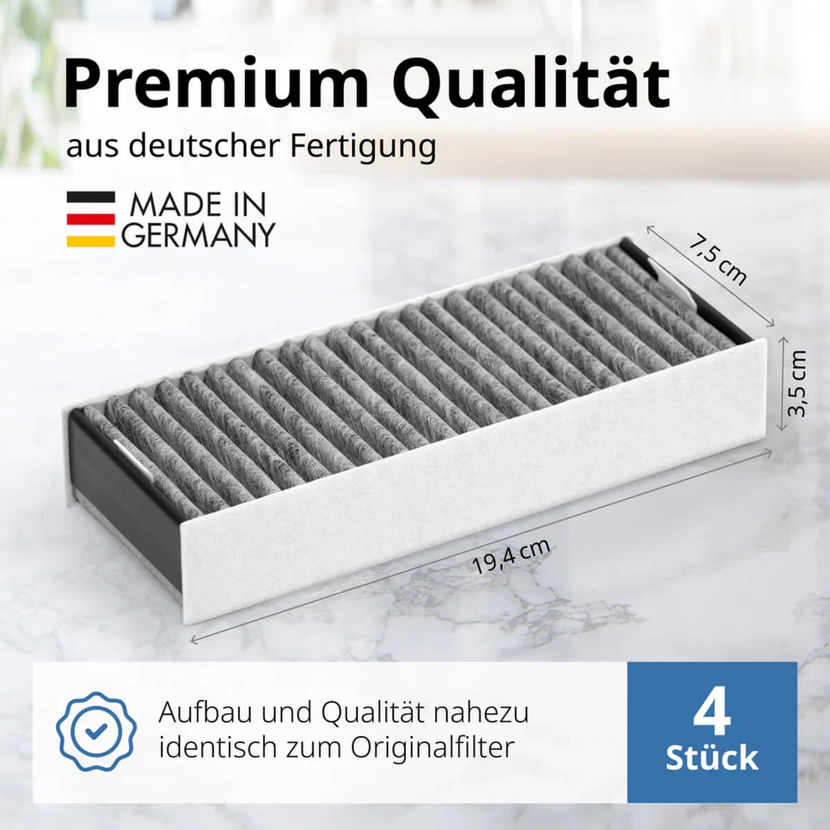 Einheitsfilter aus deutscher Fertigung, Maße 19,4x7,5x3,5 cm. 4 Stück.