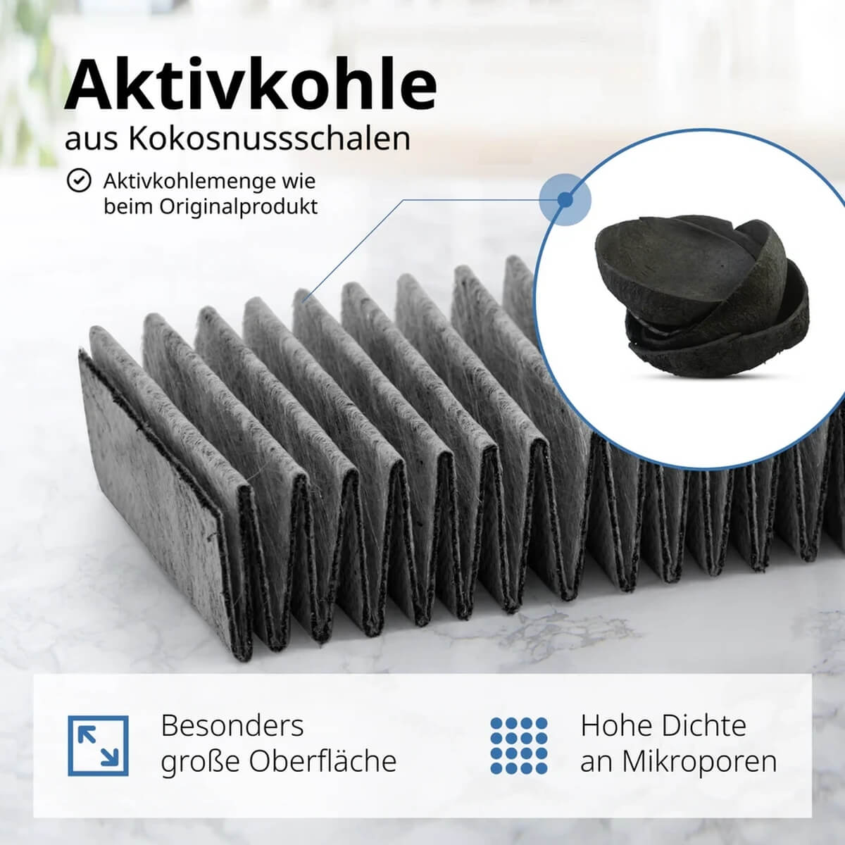 Detailaufnahme von Aktivkohlefiltern mit Nahaufnahme von Aktivkohlepartikeln.