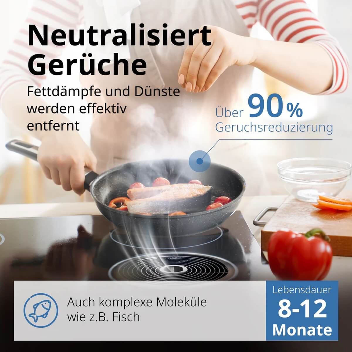 Fisch wird in einer Pfanne gebraten, Dämpfe werden neutralisiert. Über 90% Geruchsreduktion.