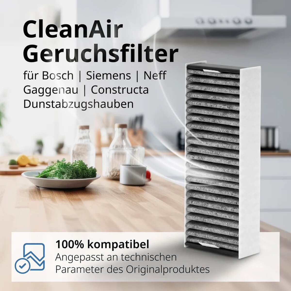 Ein CleanAir Geruchsfilter für Dunstabzugshauben von Bosch, Siemens, Neff, Gaggenau.