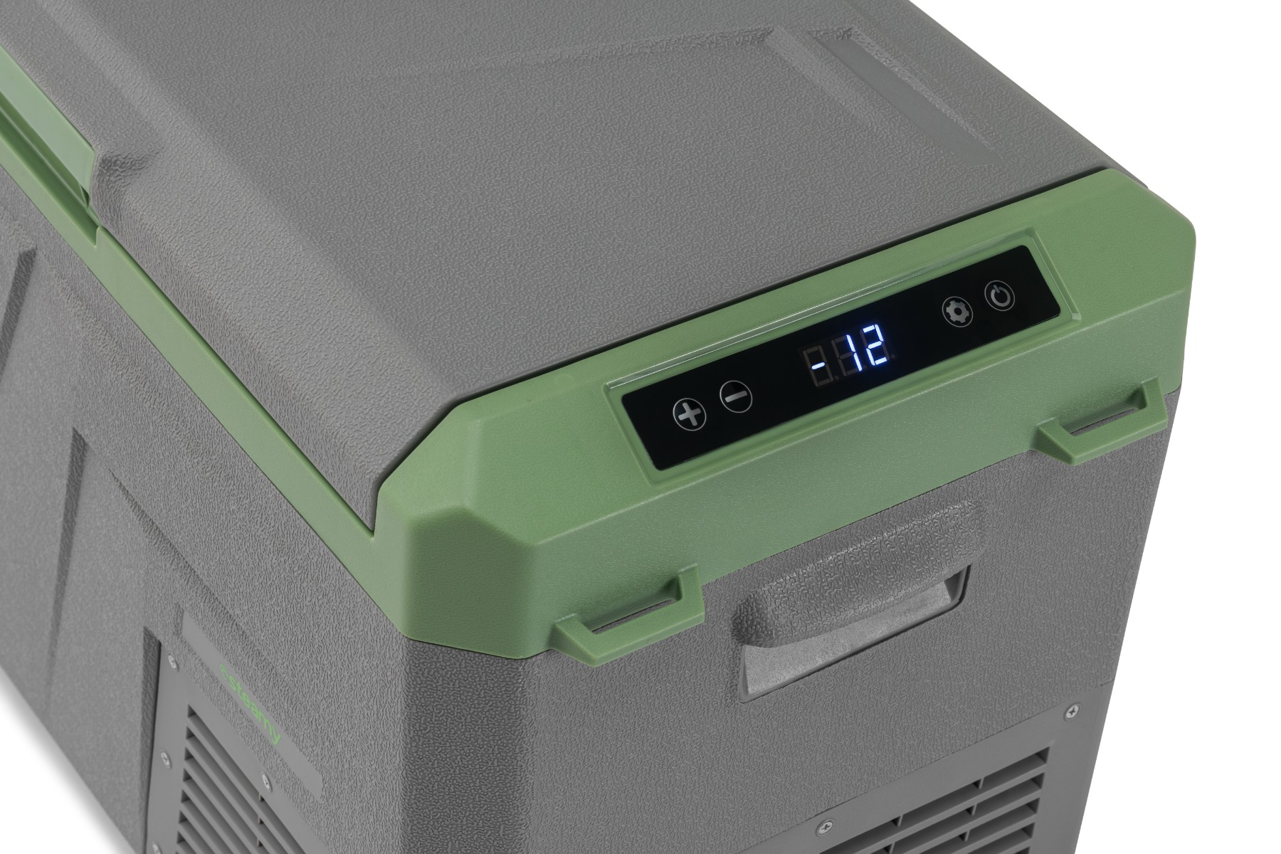 Grauer und grüner Kühlschrank mit digitaler Anzeige und Bedienelementen.