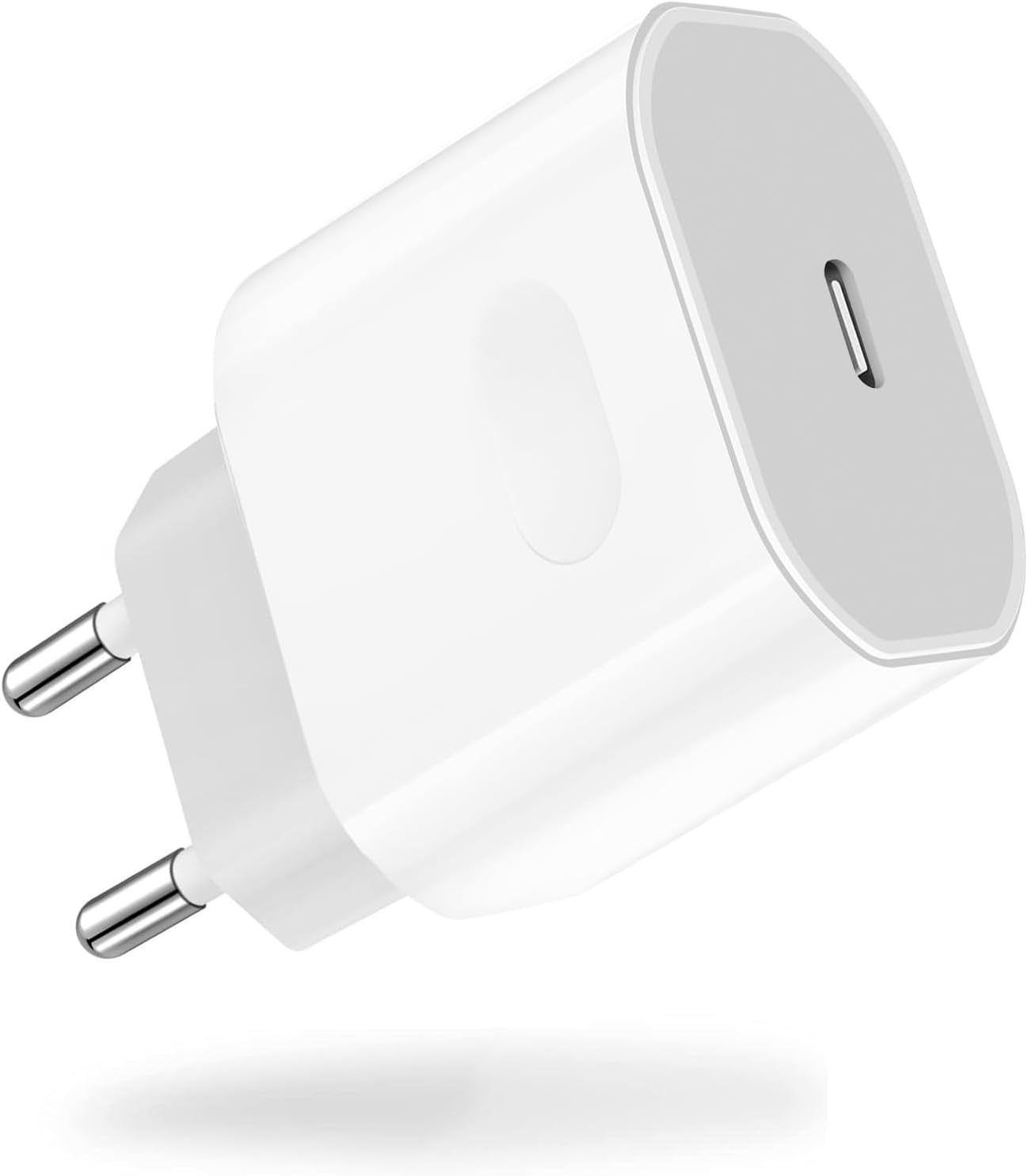 Ein weißer USB-C-Netzadapter mit zwei metallenen Euro-Steckern.
