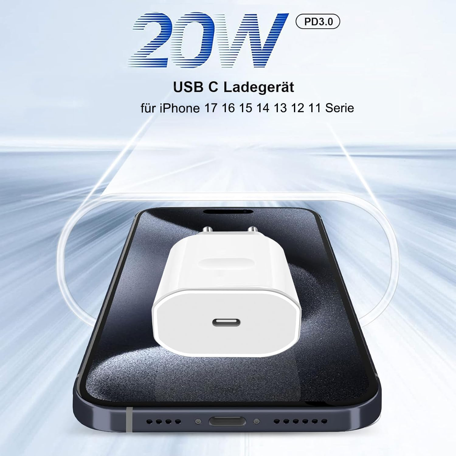 Weißes USB-C-Ladegerät mit 20 W auf einem Smartphone.