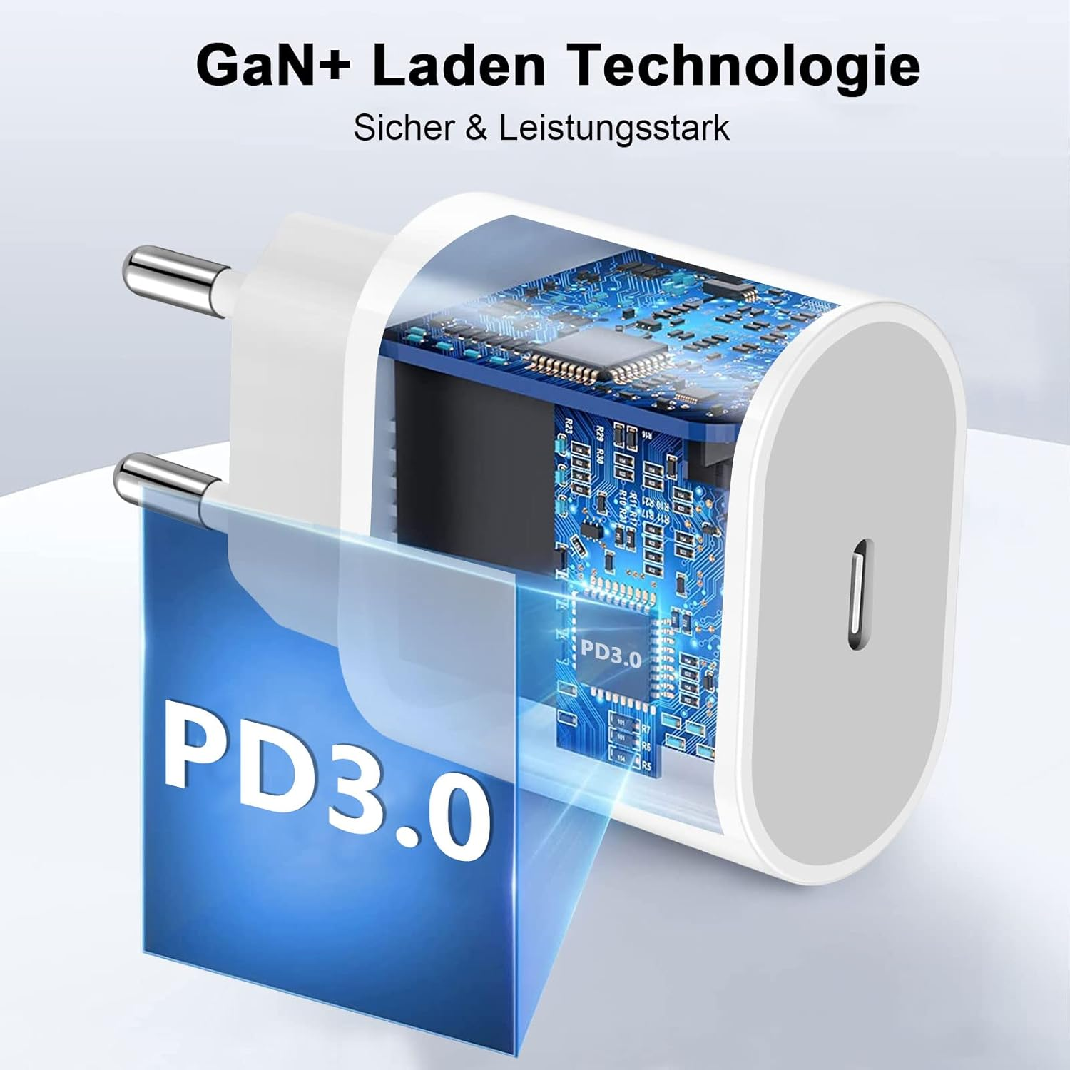 Ein weißer Ladestecker mit sichtbarer Platine und "PD3.0" Schriftzug.