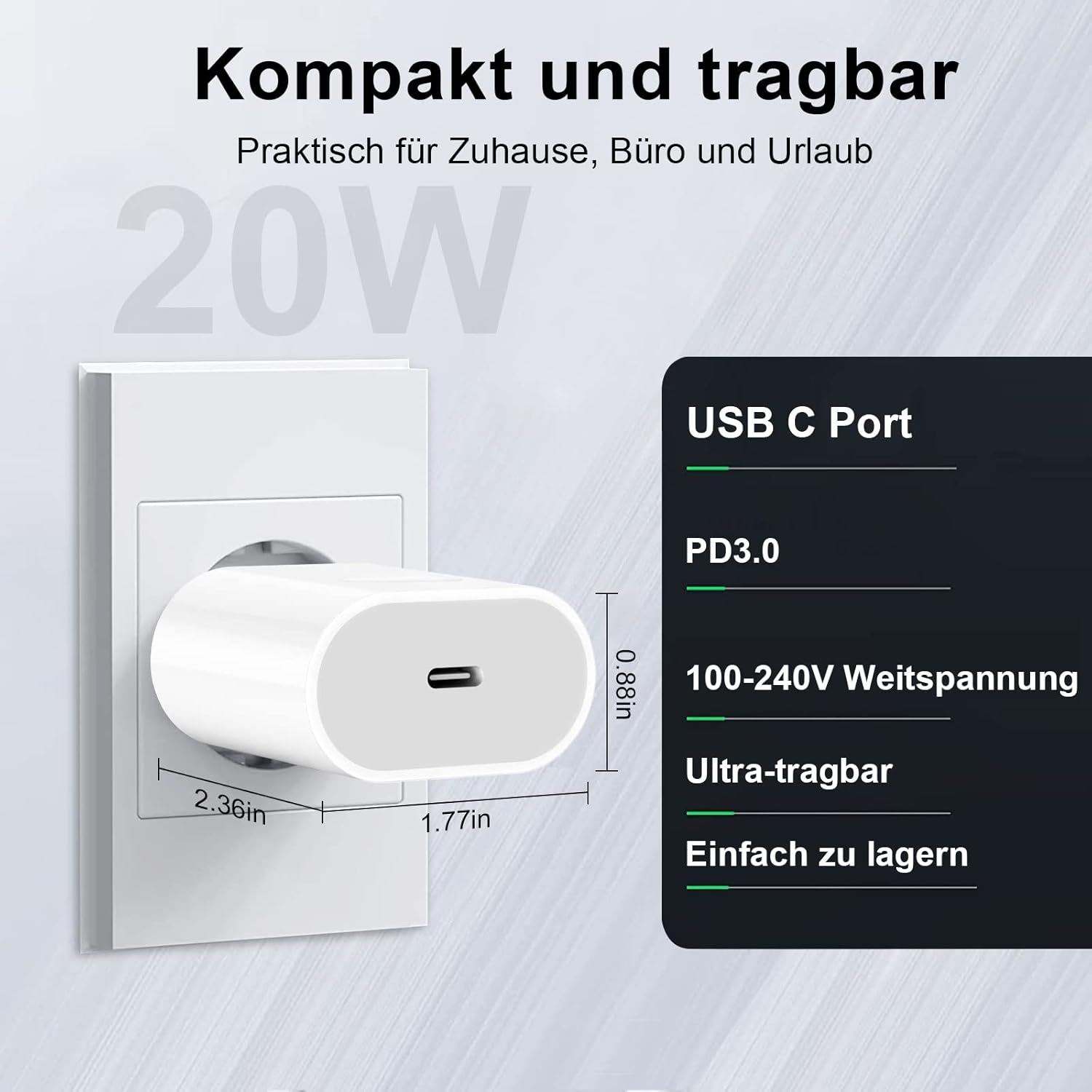 Kompakter 20W USB-C-Ladegerät mit PD3.0, 100-240V, tragbar und leicht zu verstauen.