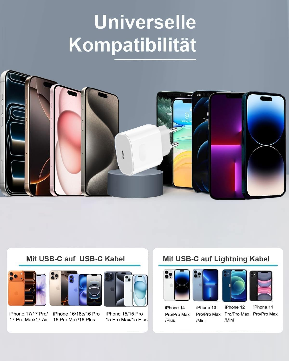 Mehrere iPhones und ein weißer USB-C-Adapter werden gezeigt.