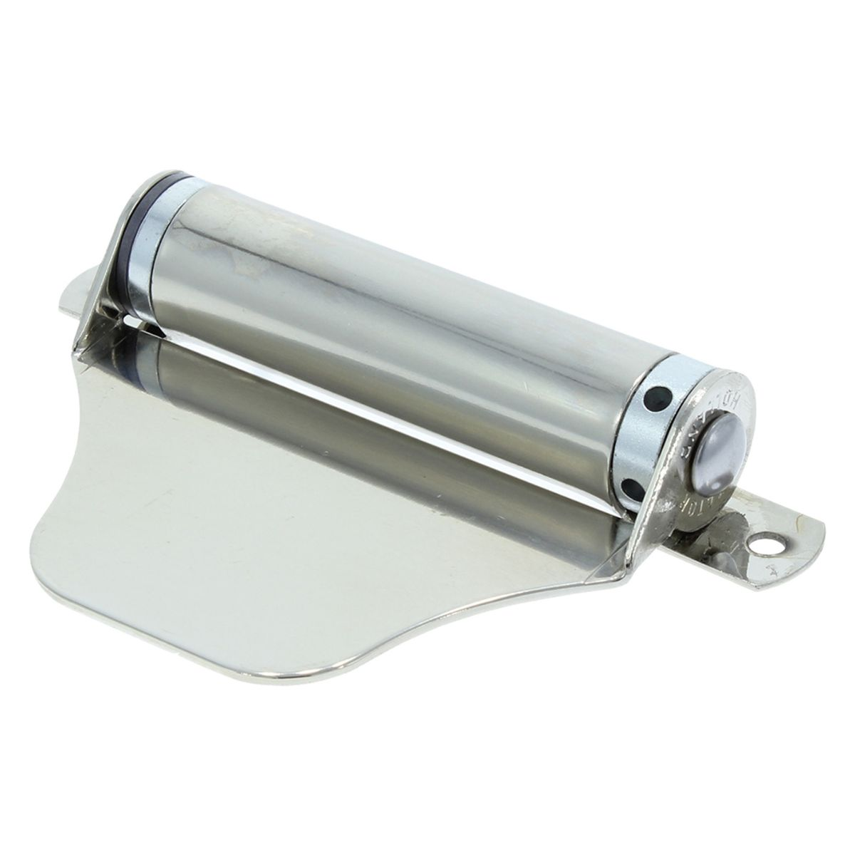 Ein glänzendes silbernes Zylinderteil mit einer flachen Metallplatte darunter.