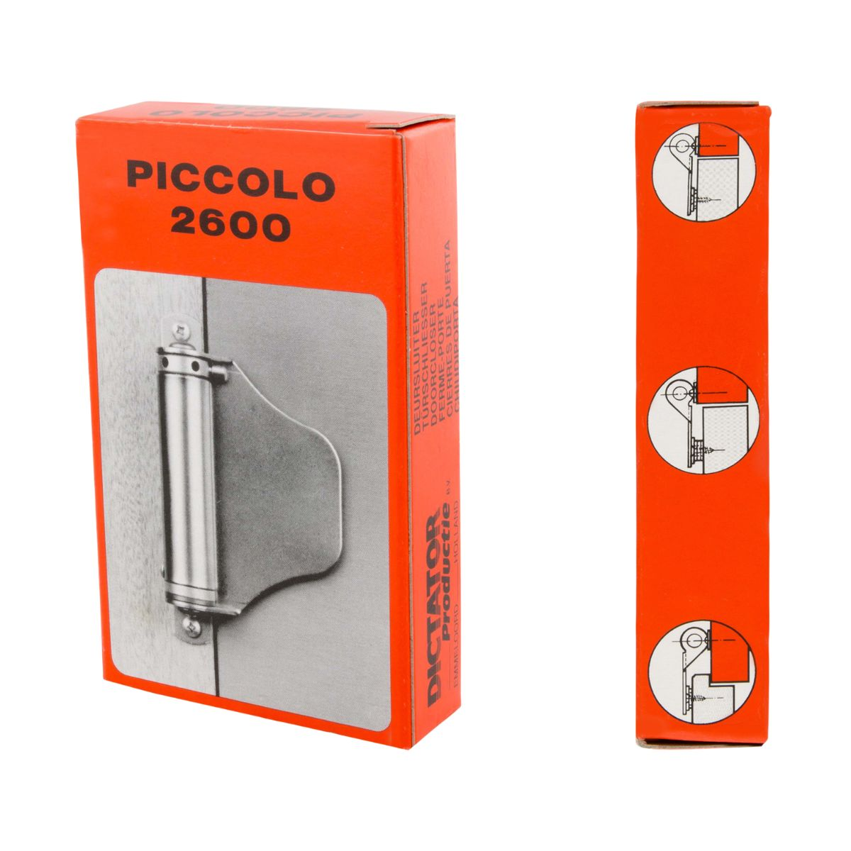 Orangefarbene Box mit 'PICCOLO 2600' und einem Türschließer. Seite zeigt Diagramme.