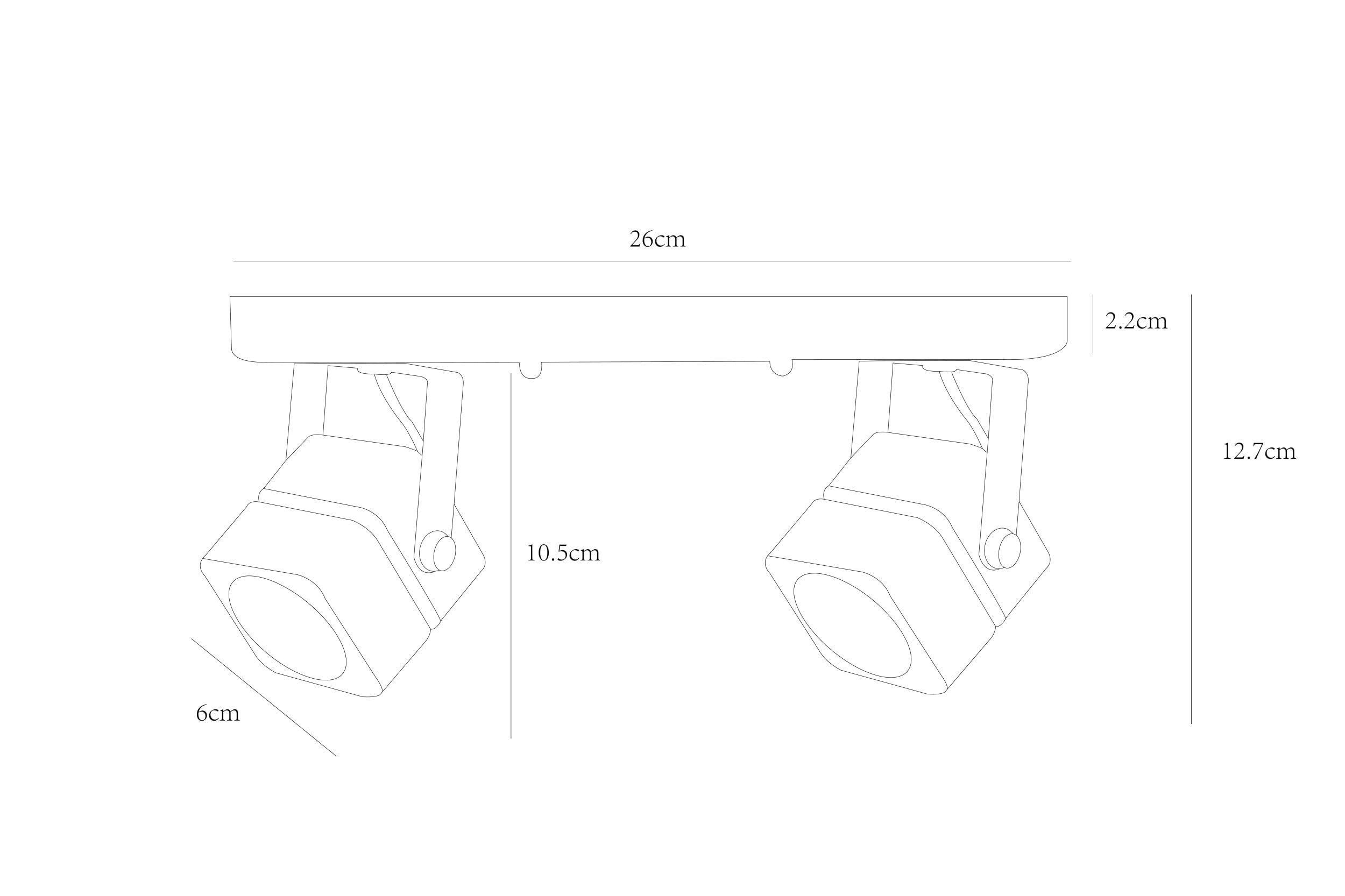 Zwei gerichtete Lampen mit Maßen: L 26cm, H 12,7cm, T 2,2cm, Tiefe 10,5cm, Breite 6cm.